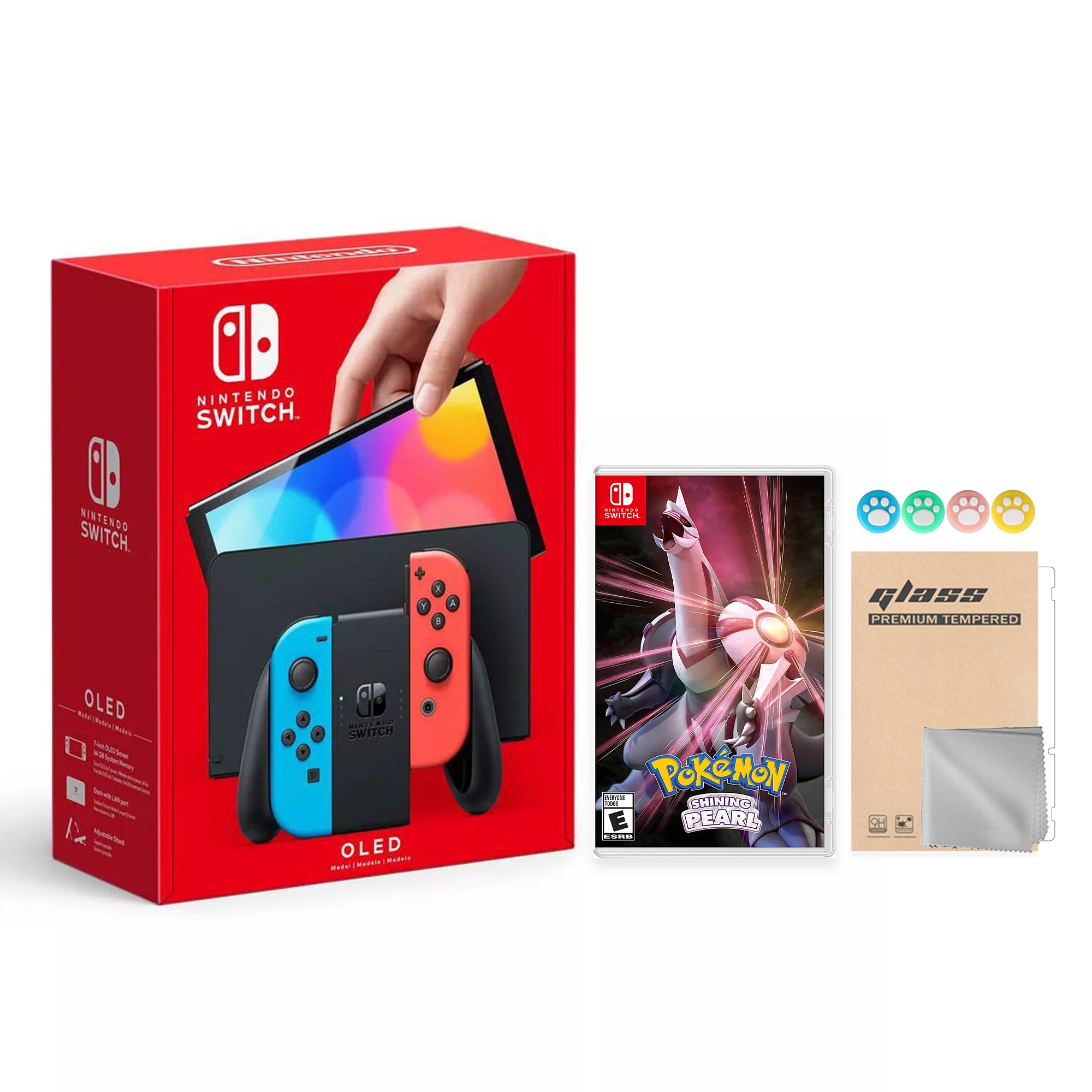 2022 New Nintendo Switch OLED Model Neon Red Blue Joy Con 64GB Console Improved HD Screen & LAN-Port Dock with Pokemon Shining Pearl, Mytrix Joystick Caps & Screen Protector