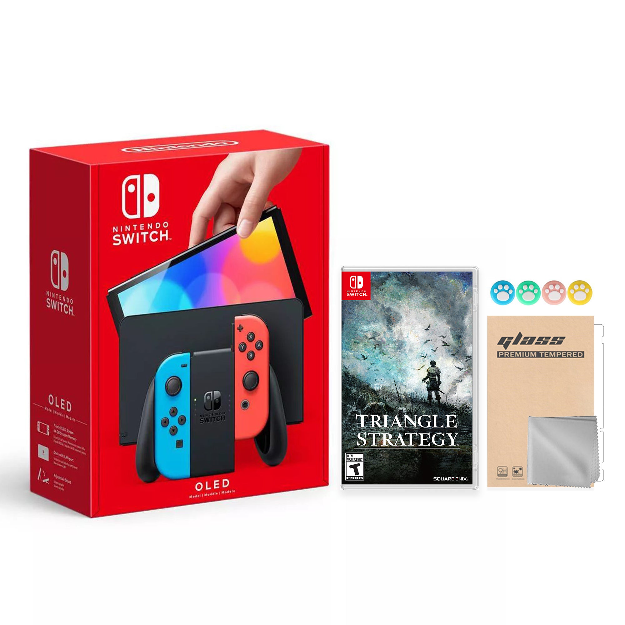 2022 New Nintendo Switch OLED Model Neon Red Blue Joy Con 64GB Console Improved HD Screen & LAN-Port Dock with Triangle Strategy, Mytrix Joystick Caps & Screen Protector
