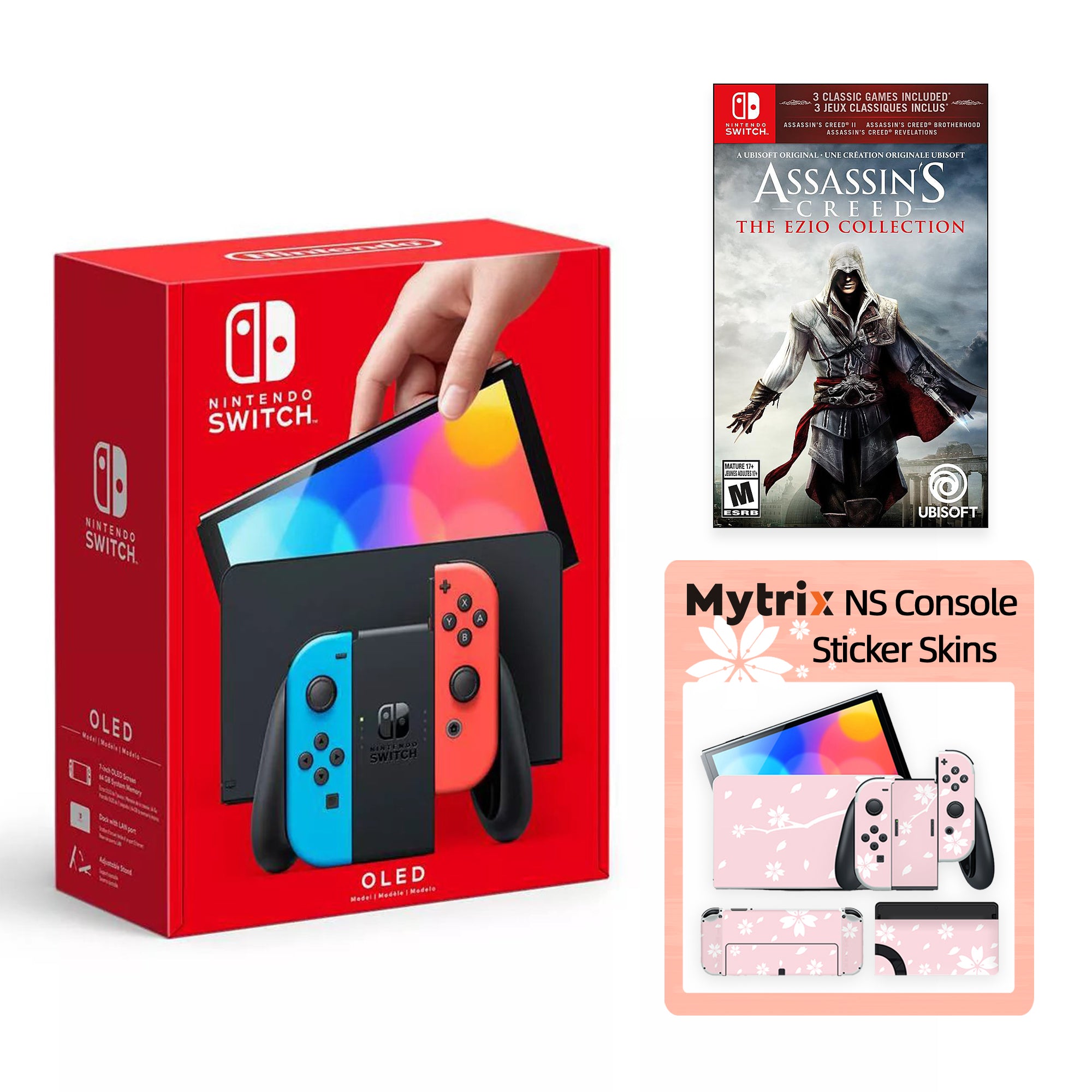 2022 New Nintendo Switch OLED Model Neon Red Blue Joy Con 64GB Console Improved HD Screen & LAN-Port Dock with Assassin's Creed Ezio Collection, Mytrix Full Body Skin Sticker - Sakura Pink