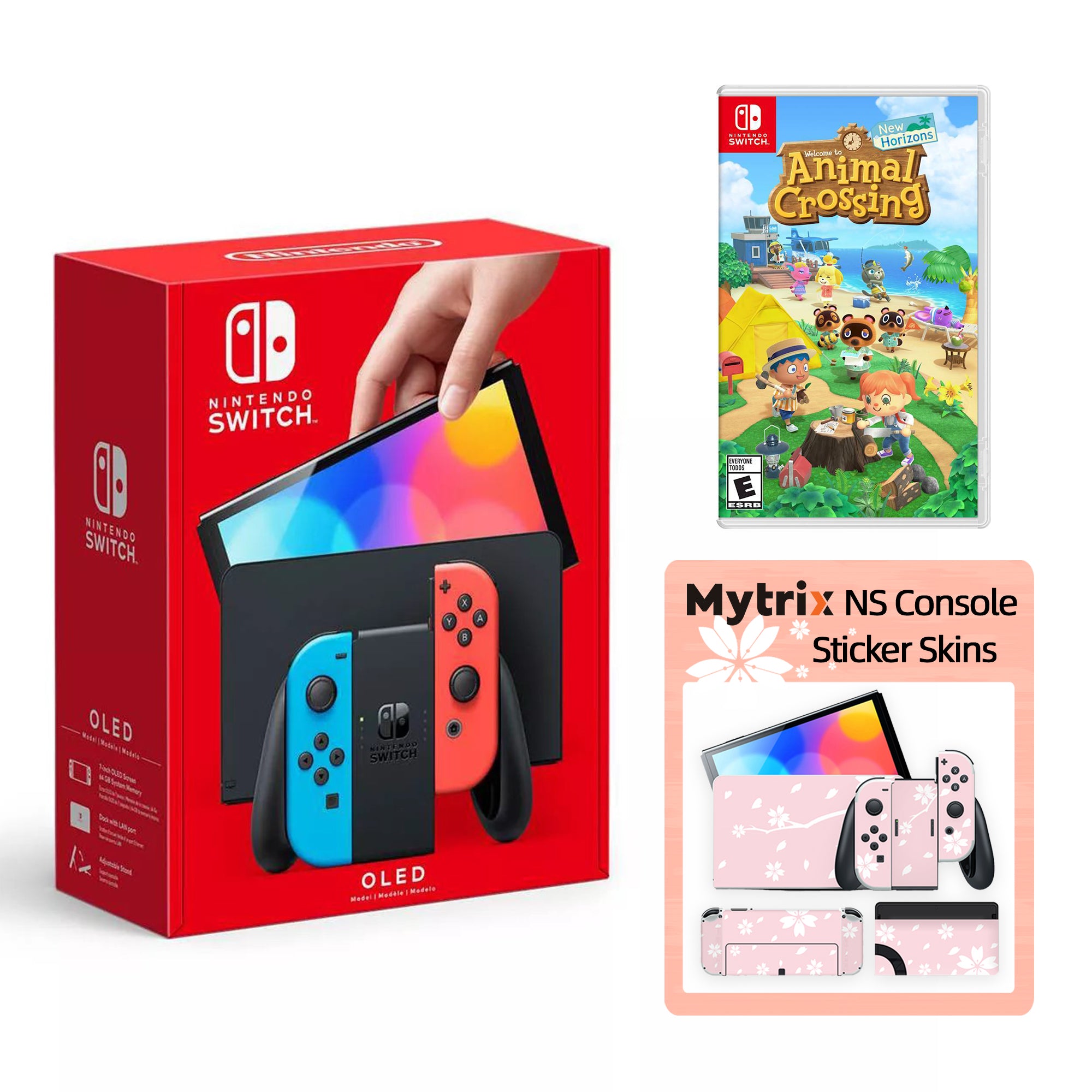 2022 New Nintendo Switch OLED Model Neon Red Blue with Animal Crossing: New Horizons and Mytrix Full Body Skin Sticker for NS OLED Console, Dock and Joycons - Sakura Pink
