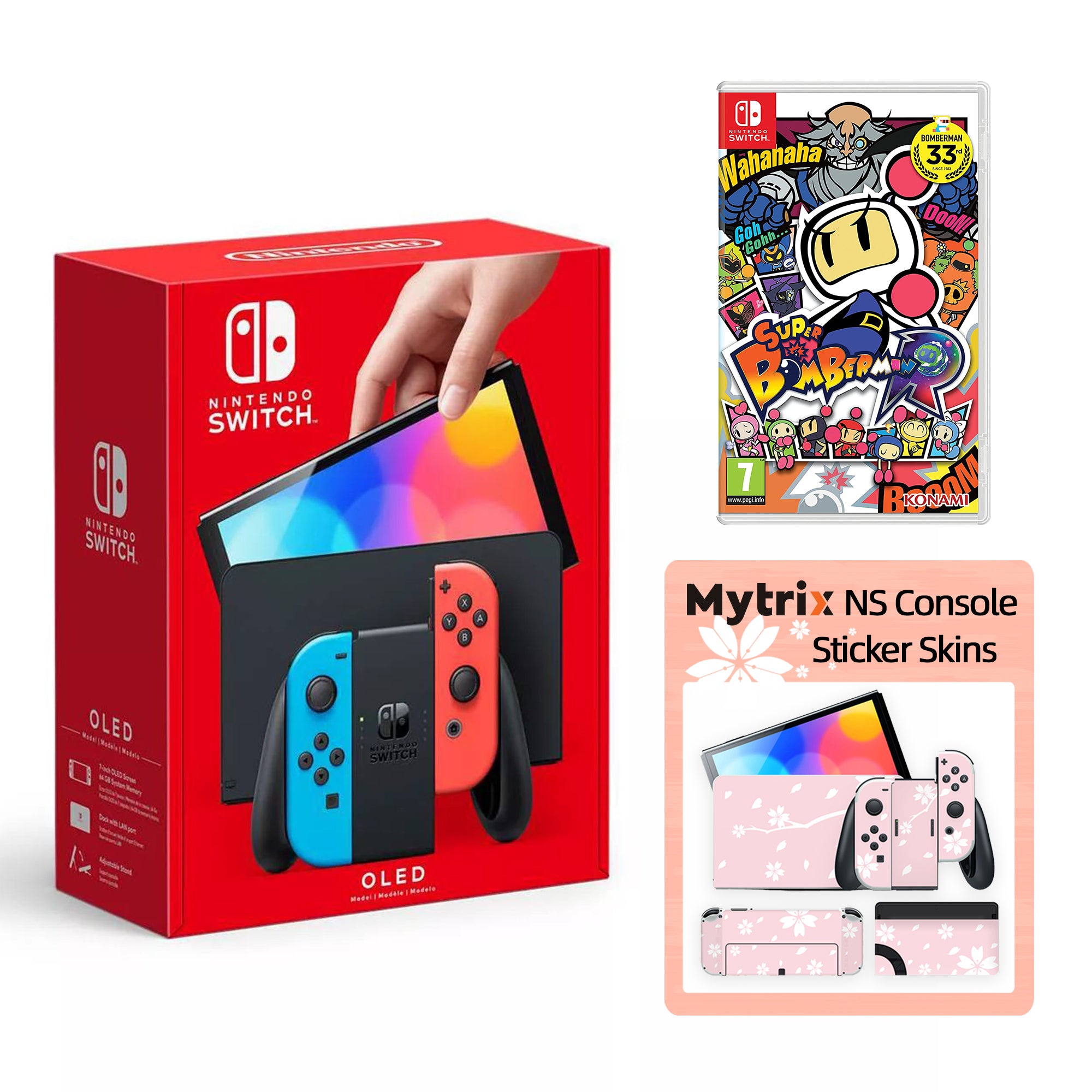 2022 New Nintendo Switch OLED Model Neon Red Blue with Super Bomberman R and Mytrix Full Body Skin Sticker for NS OLED Console, Dock and Joycons - Sakura Pink