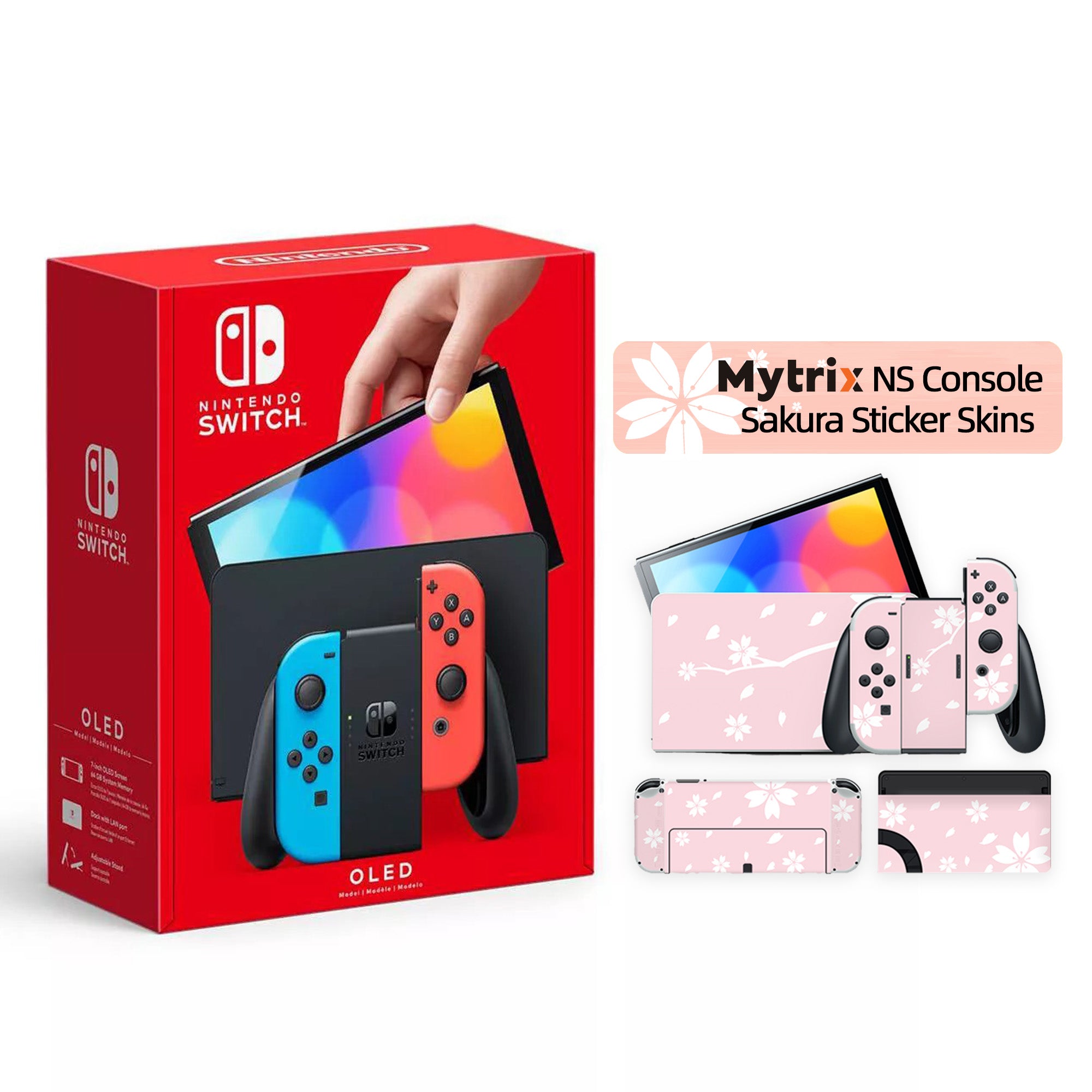 2021 New Nintendo Switch OLED Model Neon Red Blue with Mytrix Full Body Skin for NS OLED Console, Dock & Joycons - Sakura Pink