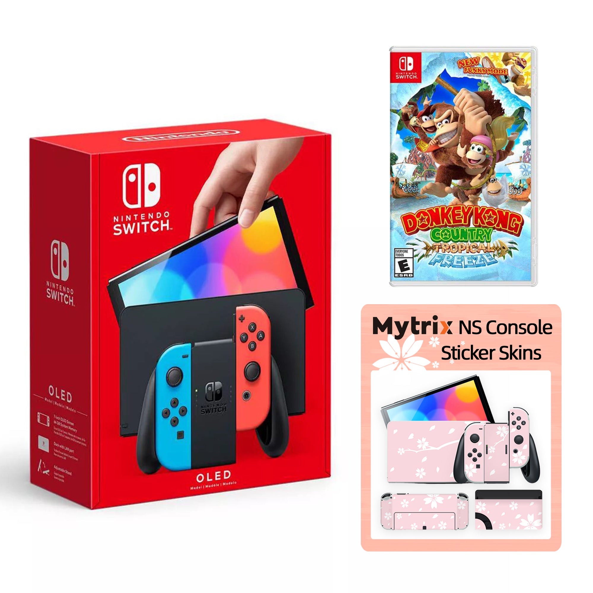 2022 New Nintendo Switch OLED Model Neon Red Blue with Donkey Kong Country and Mytrix Full Body Skin Sticker for NS OLED Console, Dock and Joycons - Sakura Pink