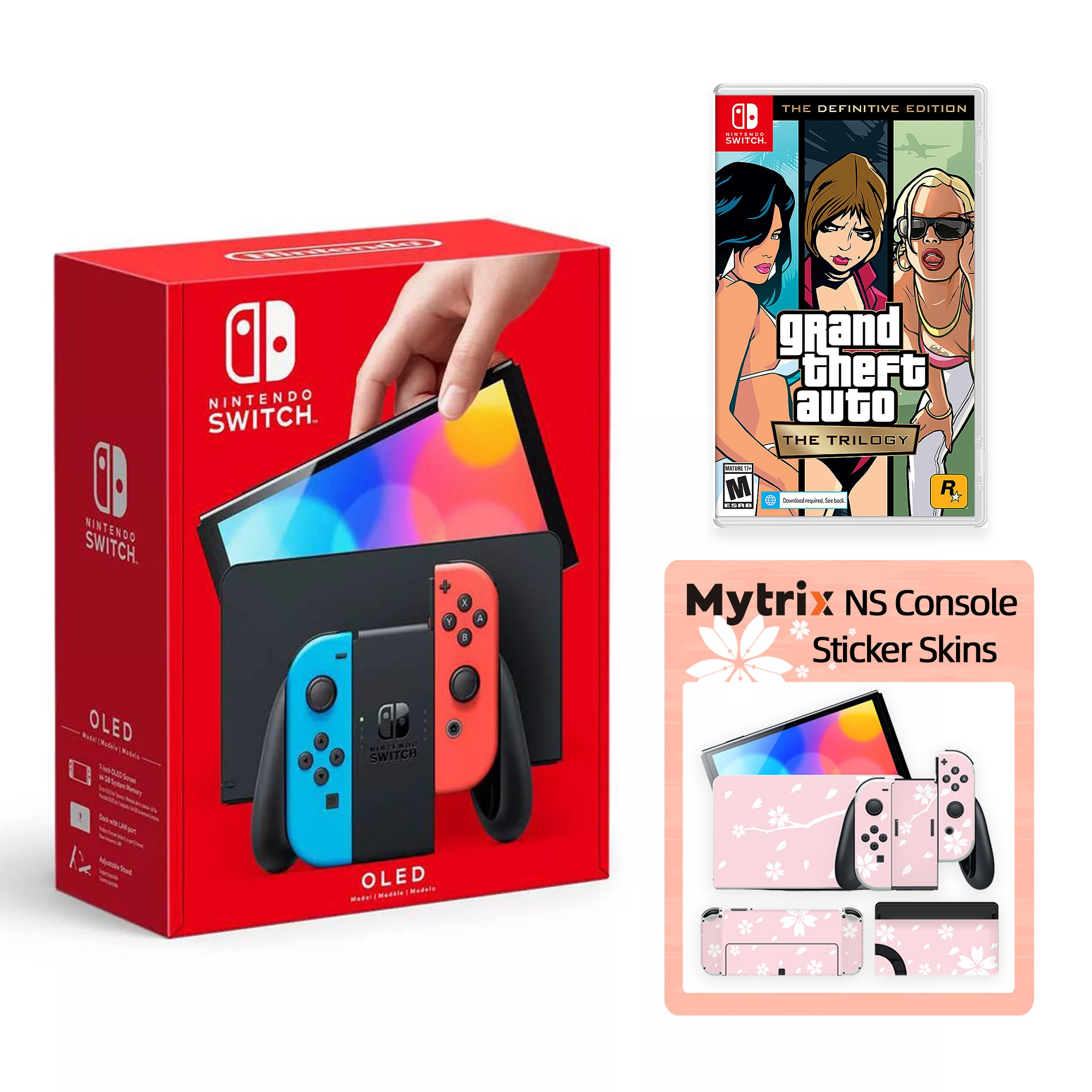 2022 New Nintendo Switch OLED Model Neon Red Blue Joy Con 64GB Console Improved HD Screen & LAN-Port Dock with Grand Theft Auto: The Trilogy, Mytrix Full Body Skin Sticker - Sakura Pink