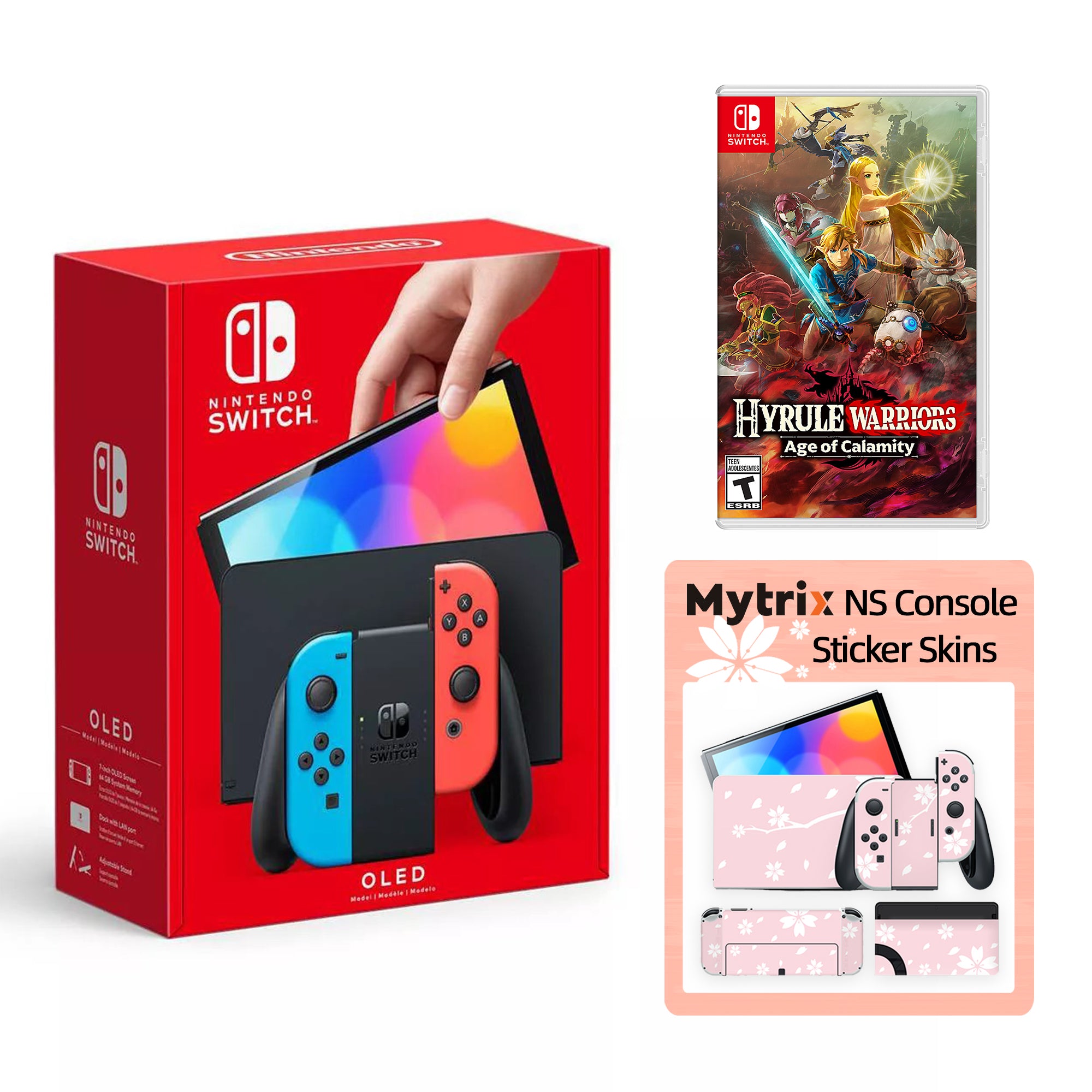 2022 New Nintendo Switch OLED Model Neon Red Blue with Hyrule Warriors: Age of Calamity and Mytrix Full Body Skin Sticker for NS OLED Console, Dock and Joycons - Sakura Pink