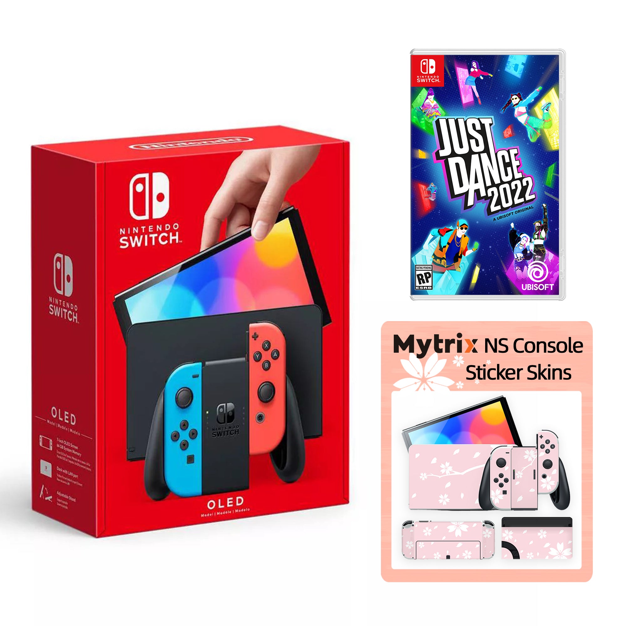 2022 New Nintendo Switch OLED Model Neon Red Blue with Just Dance 2022 and Mytrix Full Body Skin Sticker for NS OLED Console, Dock and Joycons - Sakura Pink
