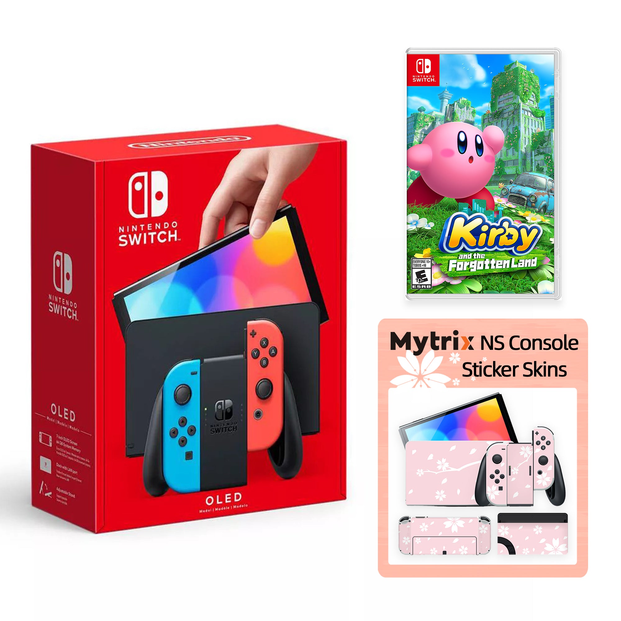 2022 New Nintendo Switch OLED Model Neon Red Blue Joy Con 64GB Console Improved HD Screen & LAN-Port Dock with Kirby and the Forgotten Land, Mytrix Full Body Skin Sticker - Sakura Pink