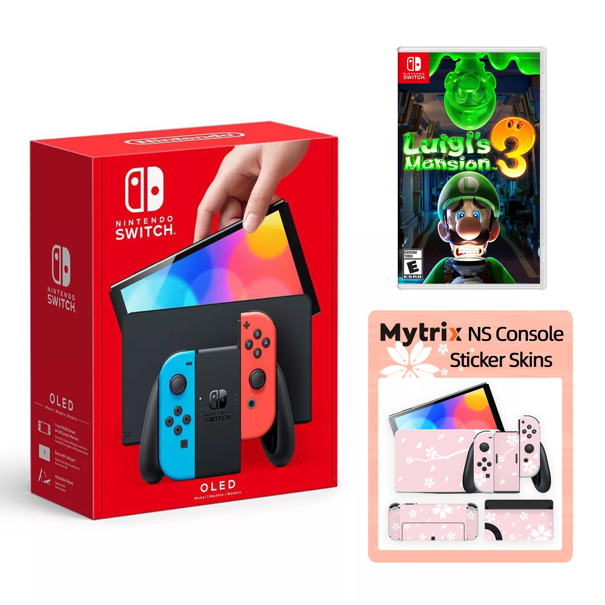2022 New Nintendo Switch OLED Model Neon Red Blue with Luigi's Mansion 3 and Mytrix Full Body Skin Sticker for NS OLED Console, Dock and Joycons - Sakura Pink