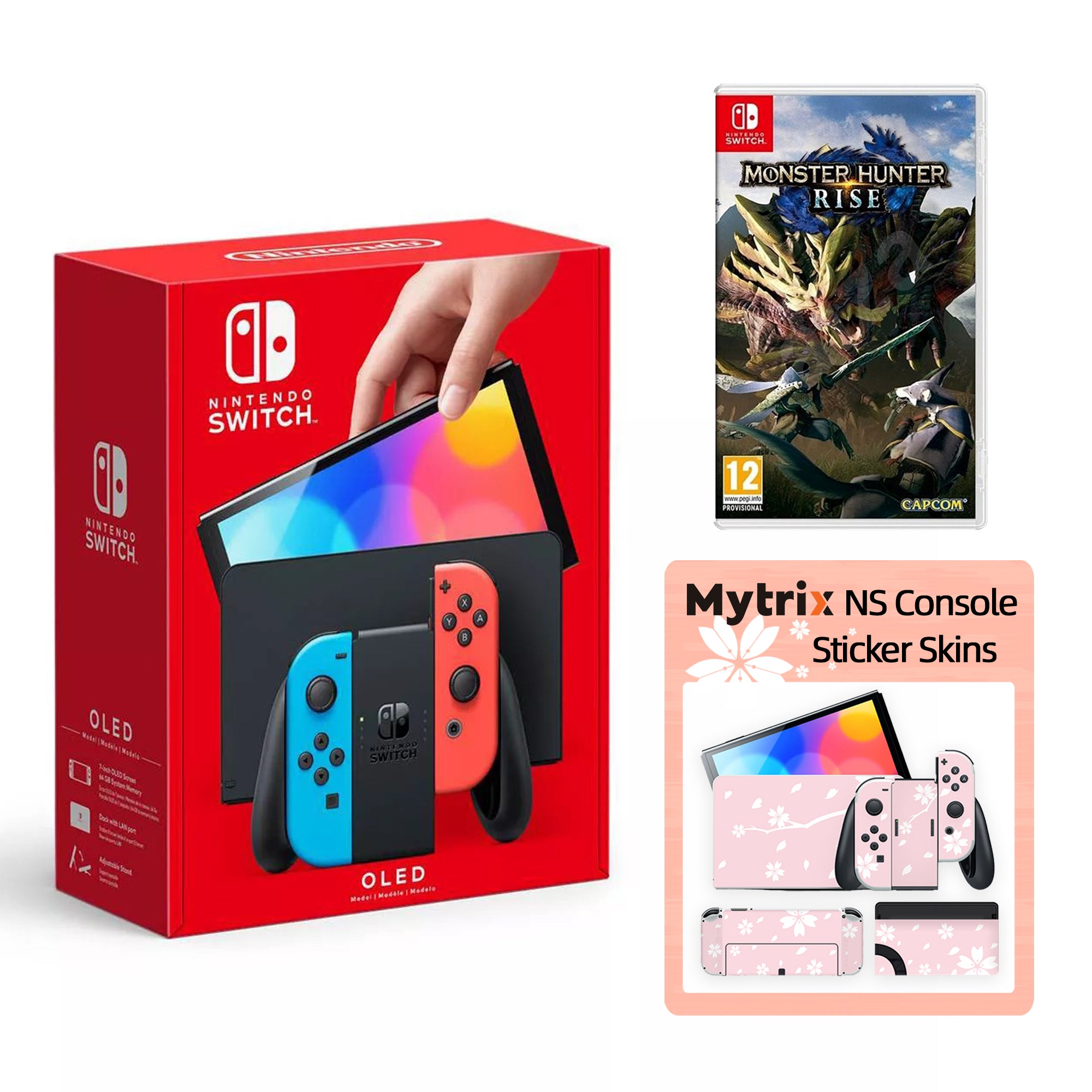 2022 New Nintendo Switch OLED Model Neon Red Blue with Monster Hunter: Rise and Mytrix Full Body Skin Sticker for NS OLED Console, Dock and Joycons - Sakura Pink