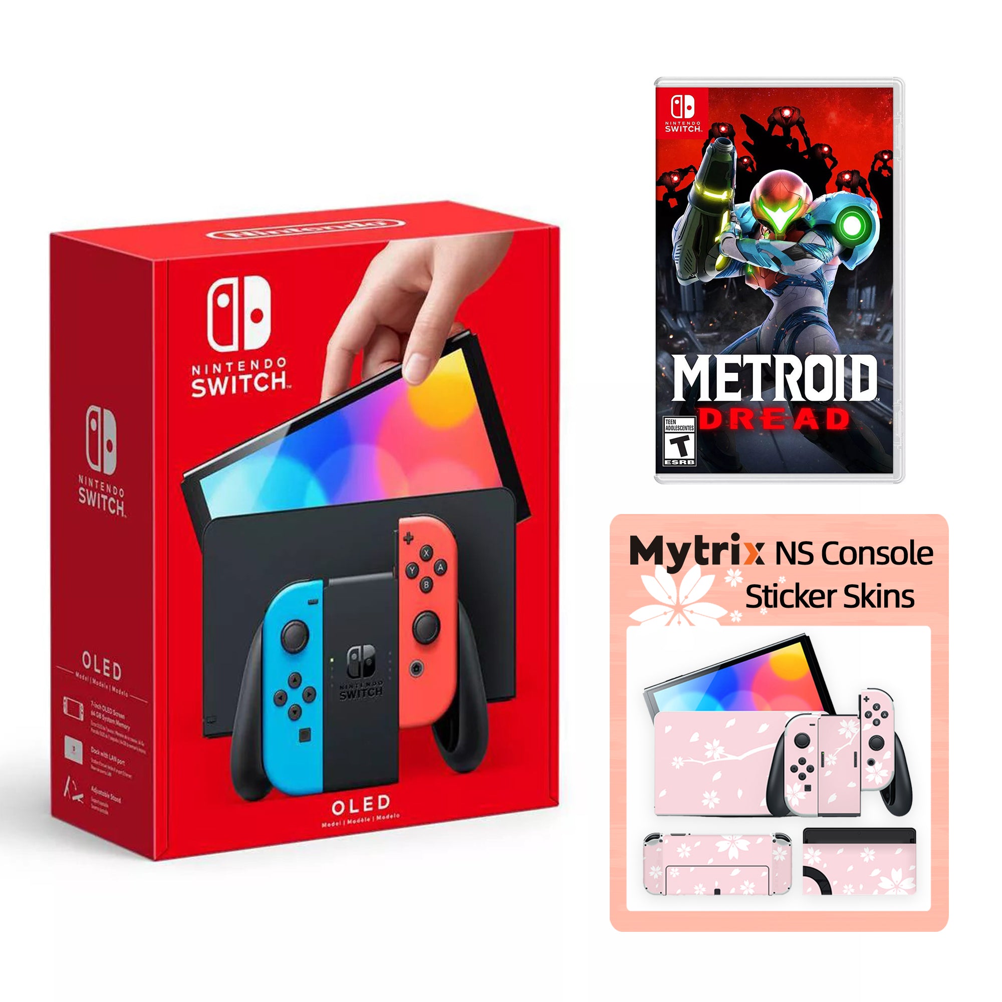 2022 New Nintendo Switch OLED Model Neon Red Blue with Metroid Dread and Mytrix Full Body Skin Sticker for NS OLED Console, Dock and Joycons - Sakura Pink