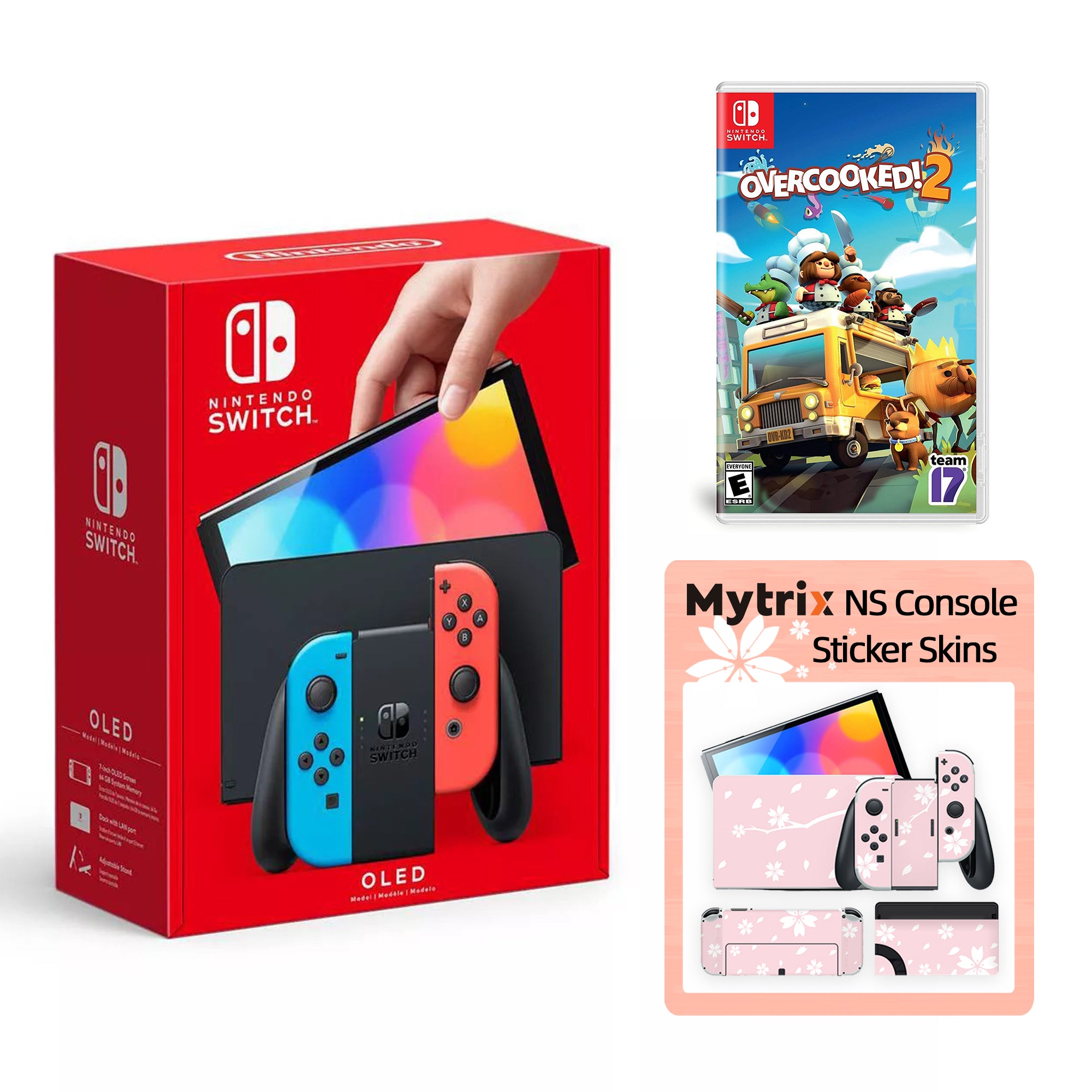 2022 New Nintendo Switch OLED Model Neon Red Blue with Overcooked! 2 and Mytrix Full Body Skin Sticker for NS OLED Console, Dock and Joycons - Sakura Pink