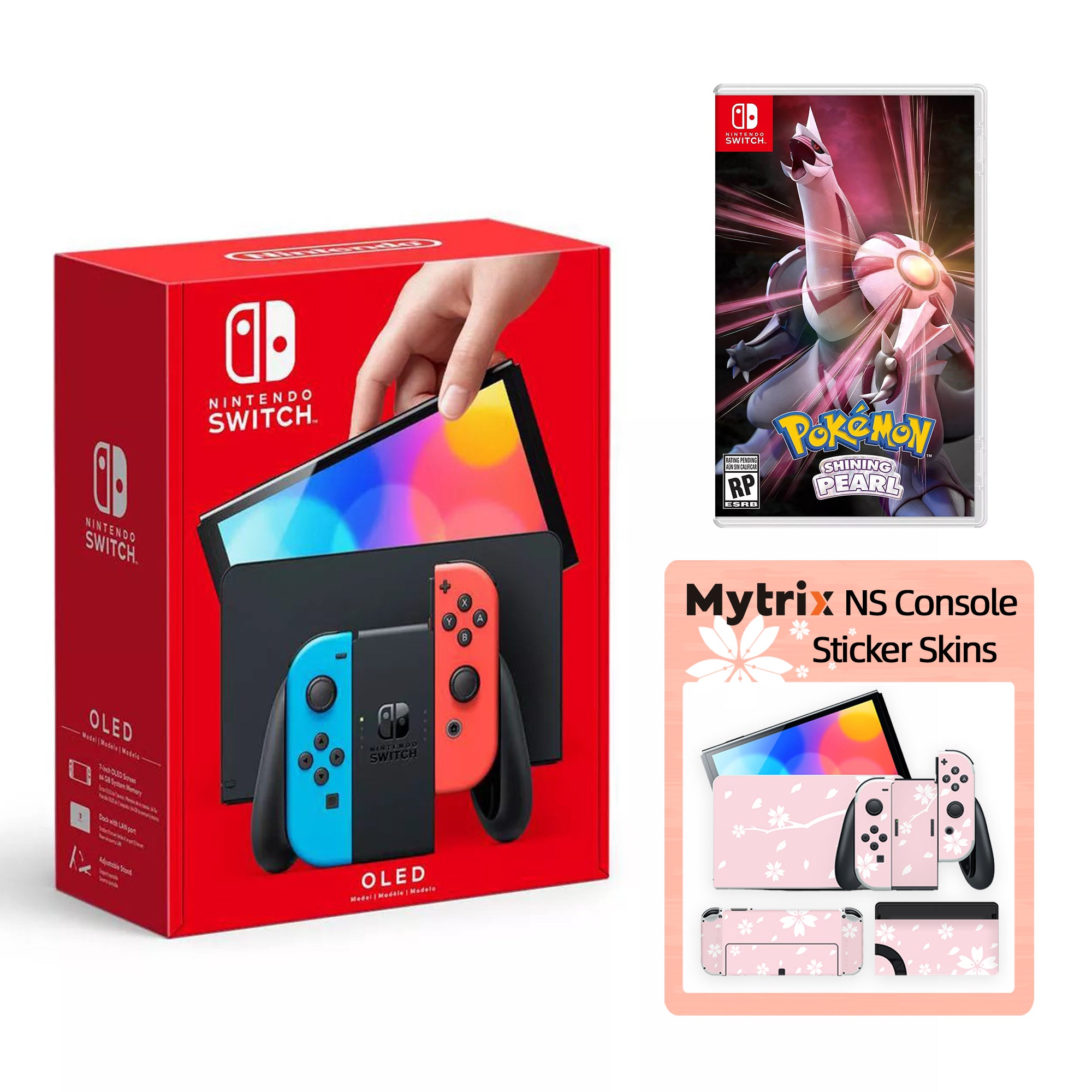 2022 New Nintendo Switch OLED Model Neon Red Blue with Pokemon Shining Pearl and Mytrix Full Body Skin Sticker for NS OLED Console, Dock and Joycons - Sakura Pink