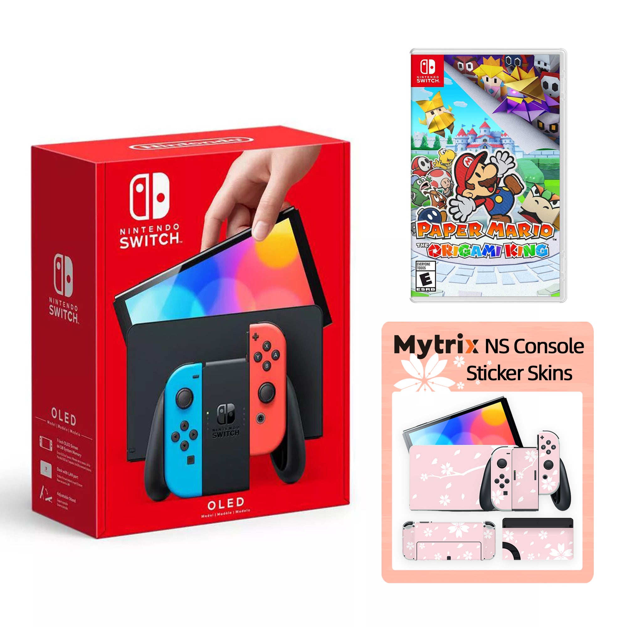 2022 New Nintendo Switch OLED Model Neon Red Blue with Paper Mario: The Origami King and Mytrix Full Body Skin Sticker for NS OLED Console, Dock and Joycons - Sakura Pink