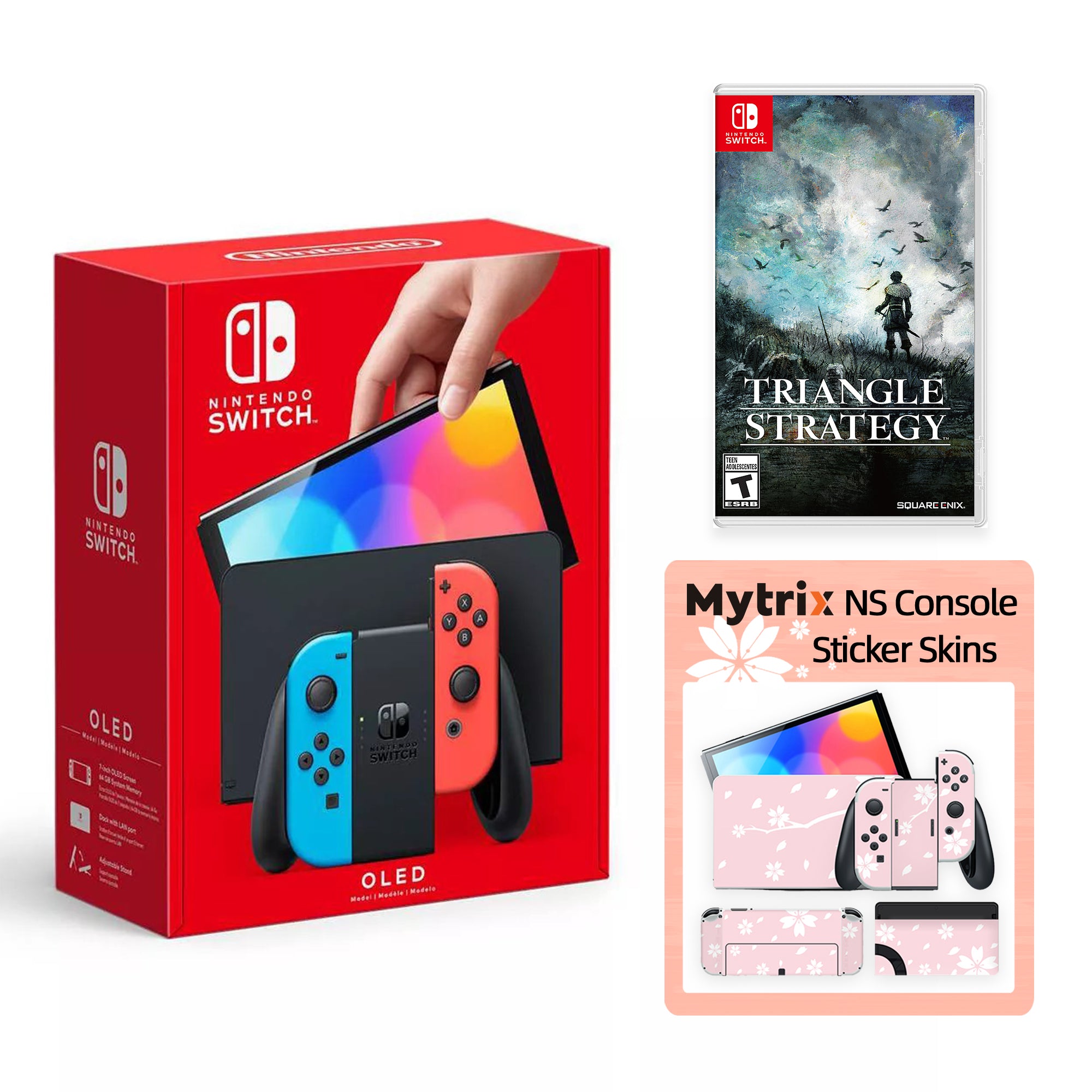2022 New Nintendo Switch OLED Model Neon Red Blue Joy Con 64GB Console Improved HD Screen & LAN-Port Dock with Triangle Strategy, Mytrix Full Body Skin Sticker - Sakura Pink