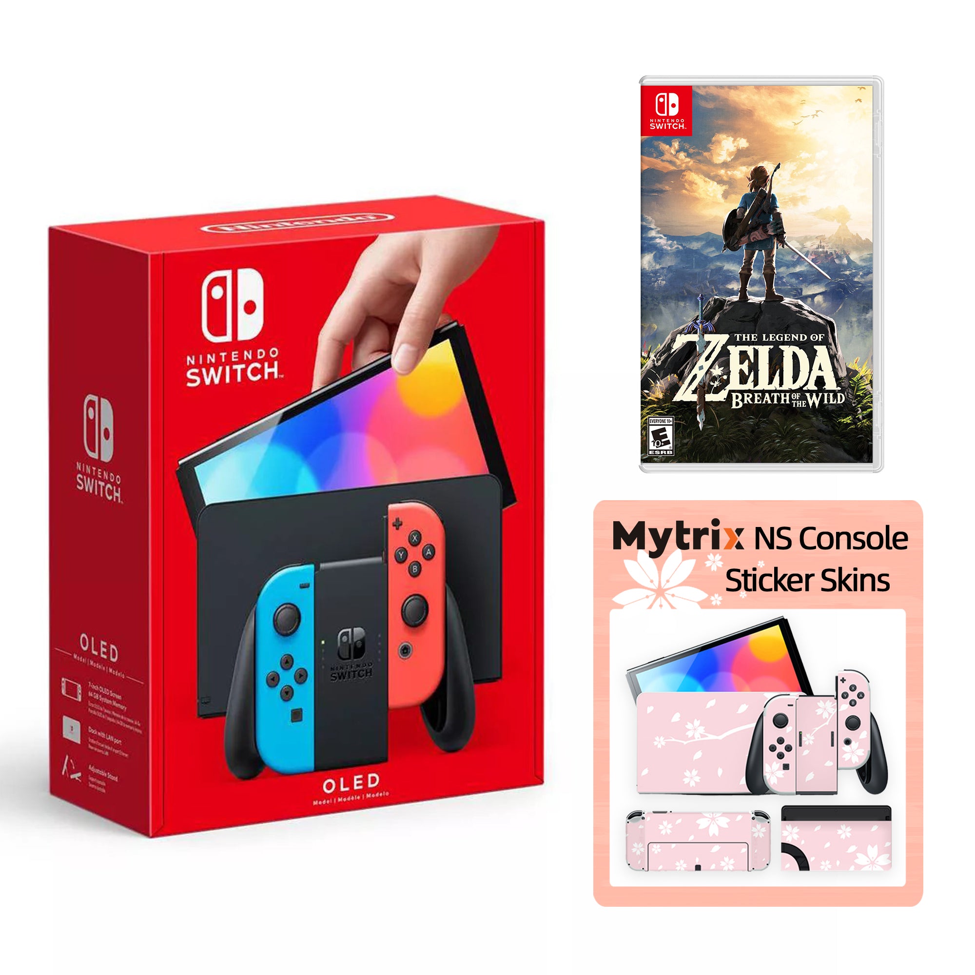 2022 New Nintendo Switch OLED Model Neon Red Blue with The Legend of Zelda: Breath of the Wild and Mytrix Full Body Skin Sticker for NS OLED Console, Dock and Joycons - Sakura Pink