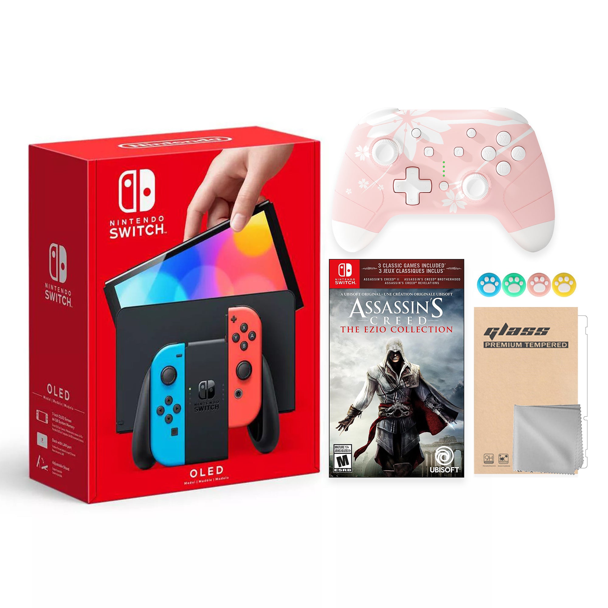2022 New Nintendo Switch OLED Model Neon Red Blue Joy Con 64GB Console Improved HD Screen & LAN-Port Dock with Assassin's Creed Ezio Collection -  Mytrix Wireless Switch Pro Controller and Accessories