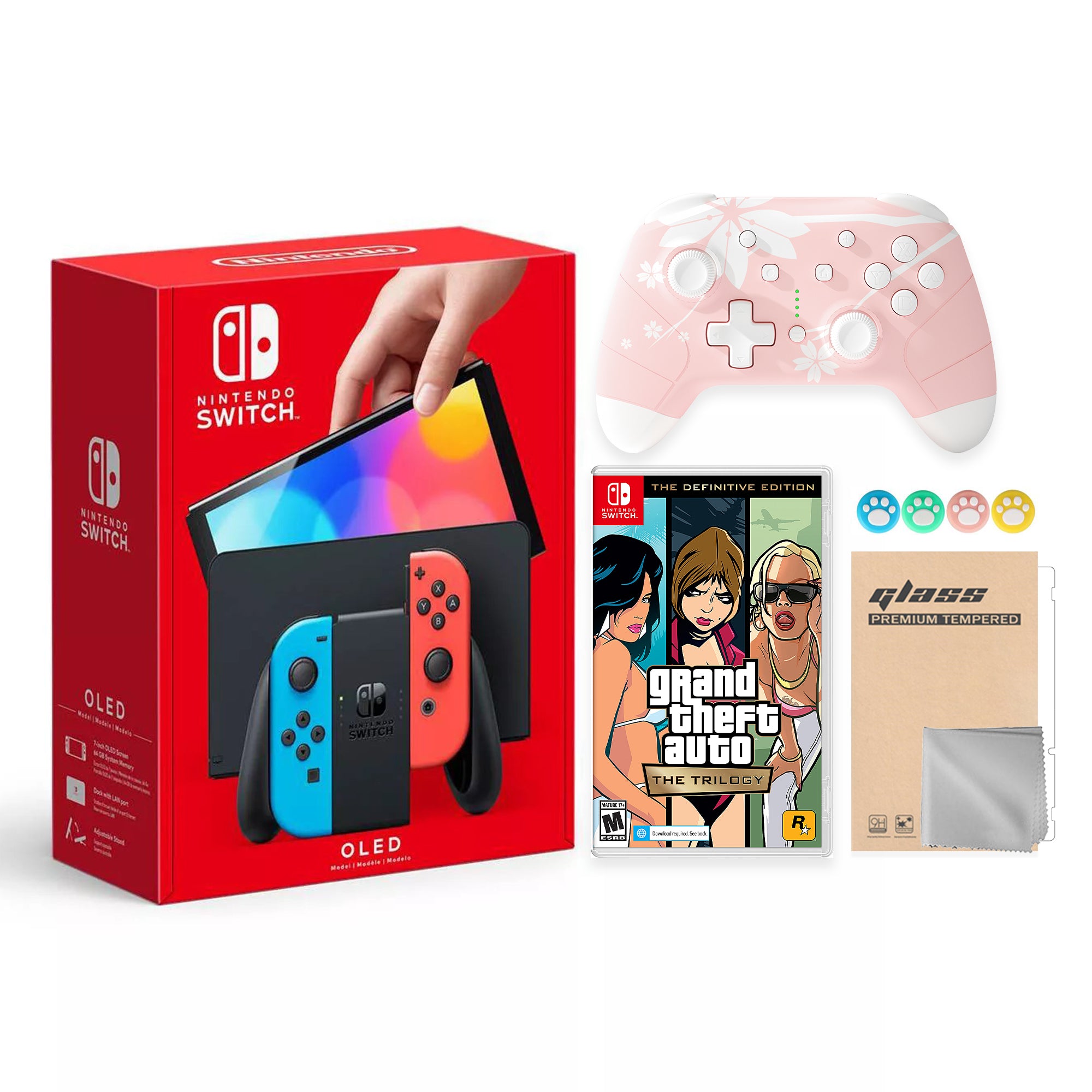 2022 New Nintendo Switch OLED Model Neon Red Blue Joy Con 64GB Console Improved HD Screen & LAN-Port Dock with Grand Theft Auto: The Trilogy -  Mytrix Wireless Switch Pro Controller and Accessories