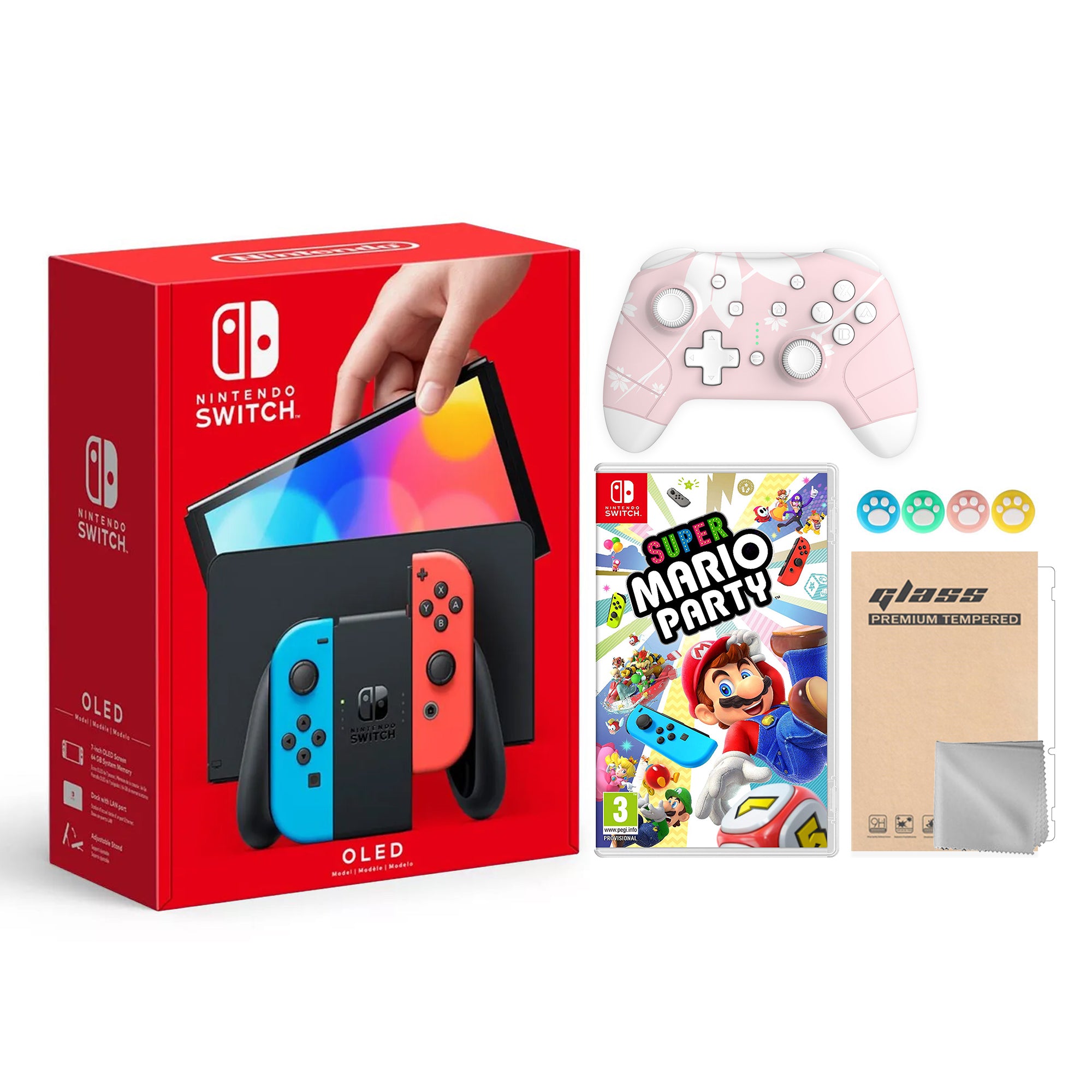 2021 New Nintendo Switch OLED Model Neon Red & Blue Joy Con 64GB Console HD Screen and LAN-Port Dock with Super Mario Party And Mytrix Wireless Pro Controller and Accessories