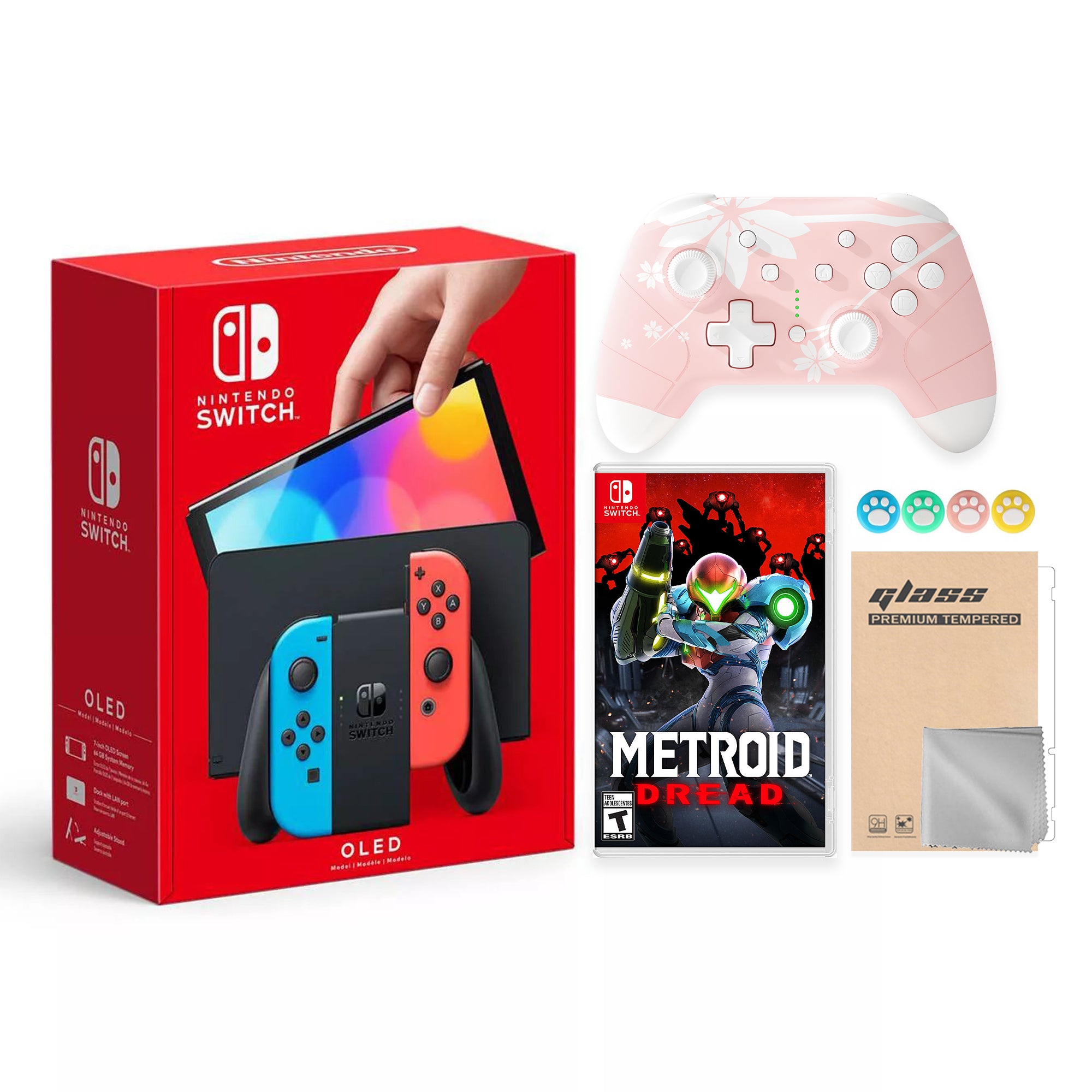 2022 New Nintendo Switch OLED Model Neon Red Blue Joy Con 64GB Console Improved HD Screen & LAN-Port Dock with Metroid Dread -  Mytrix Wireless Switch Pro Controller and Accessories