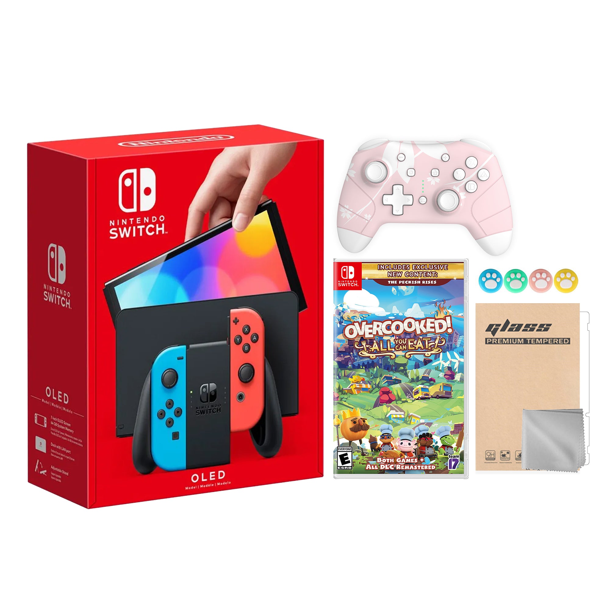 2022 New Nintendo Switch OLED Model Neon Red Blue Joy Con 64GB Console Improved HD Screen & LAN-Port Dock with Overcooked All You Can Eat -  Mytrix Wireless Switch Pro Controller and Accessories