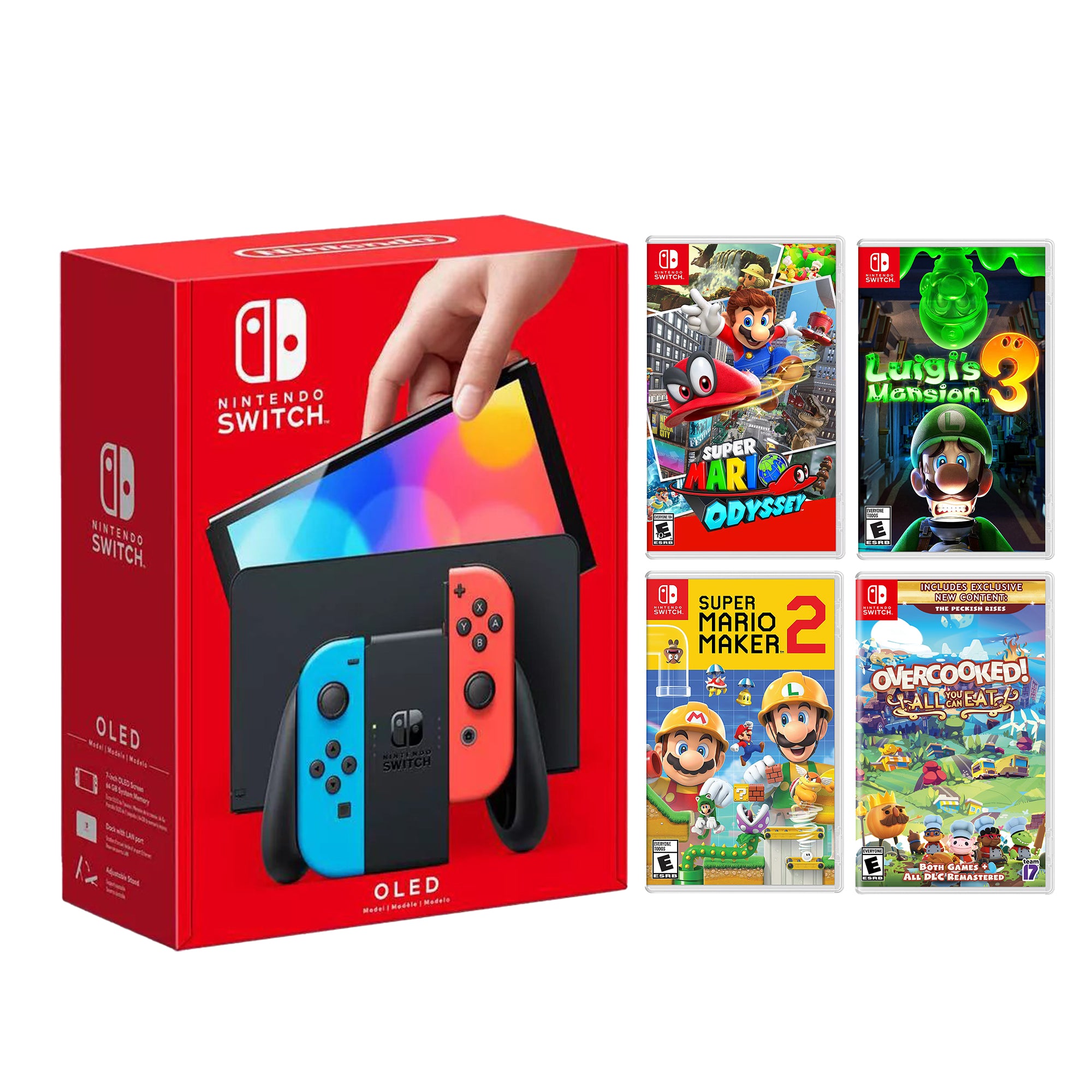 2021 New Nintendo Switch OLED Model Neon Red & Blue Joy Con 64GB Console HD Screen & LAN-Port Dock with Multiplayer 4 Game Co-Op Set and Mytrix Accessories - Local Co-op Games Best for Two Players