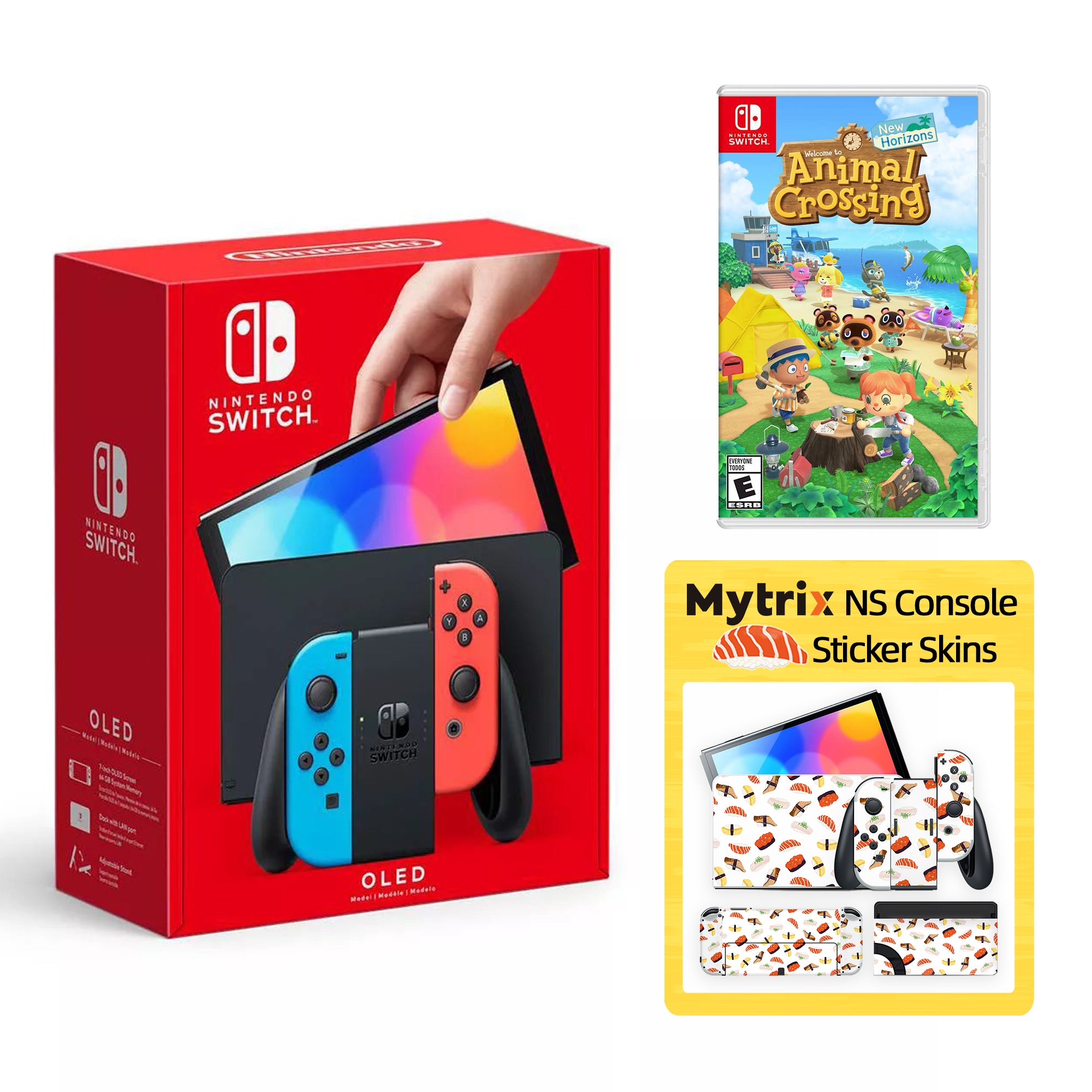 2022 New Nintendo Switch OLED Model Neon Red Blue with Animal Crossing: New Horizons and Mytrix Full Body Skin Sticker for NS OLED Console, Dock and Joycons - Sushi Set