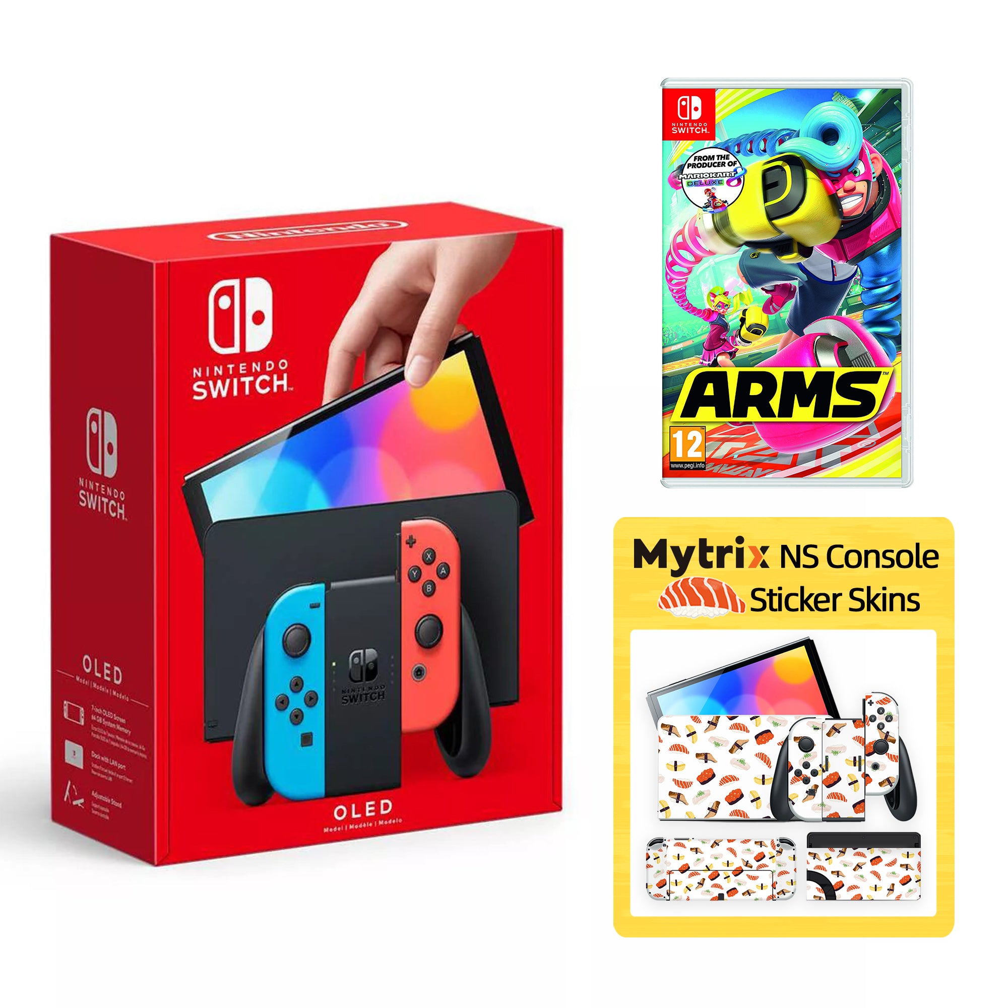 2022 New Nintendo Switch OLED Model Neon Red Blue with Arms and Mytrix Full Body Skin Sticker for NS OLED Console, Dock and Joycons - Sushi Set