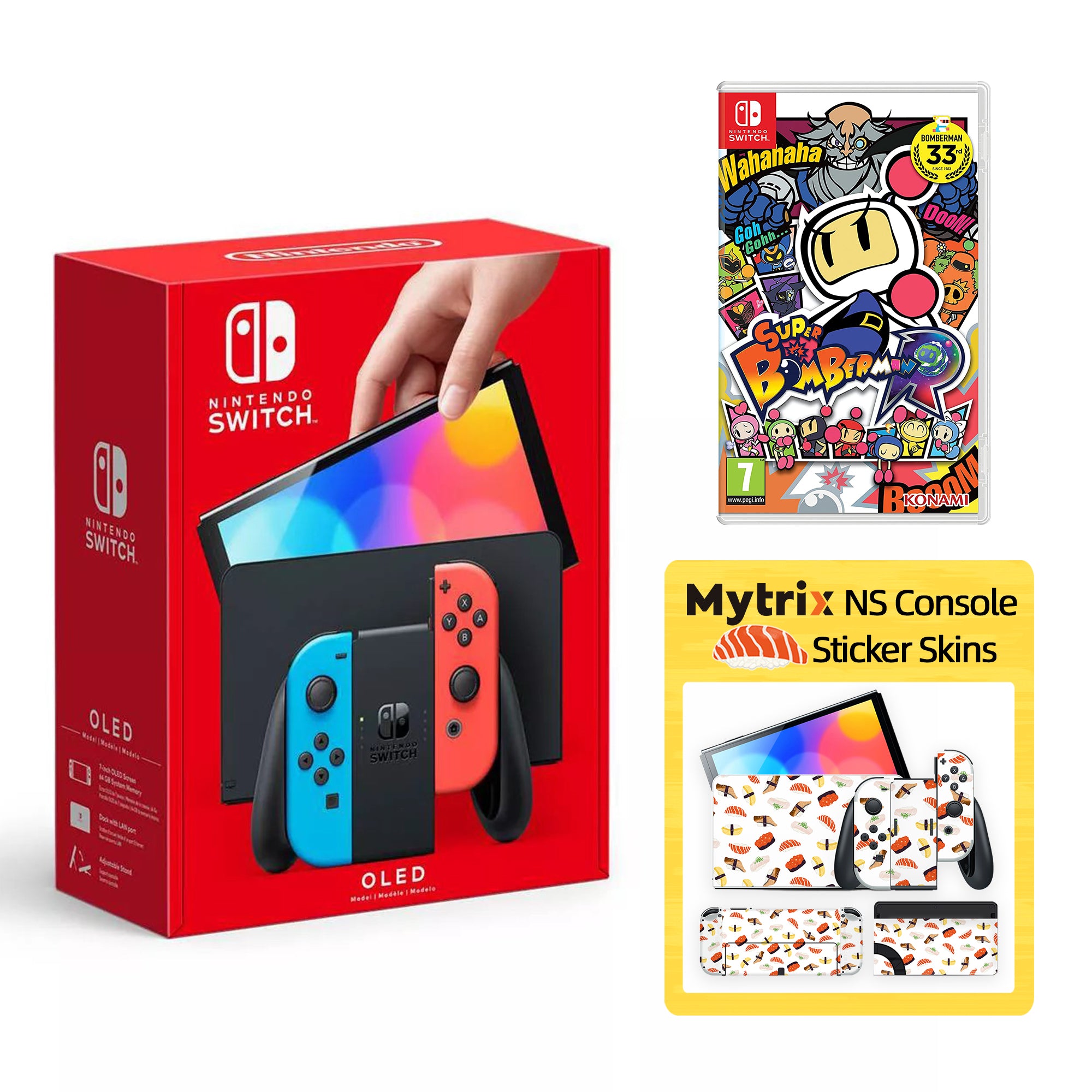 2022 New Nintendo Switch OLED Model Neon Red Blue with Super Bomberman R and Mytrix Full Body Skin Sticker for NS OLED Console, Dock and Joycons - Sushi Set
