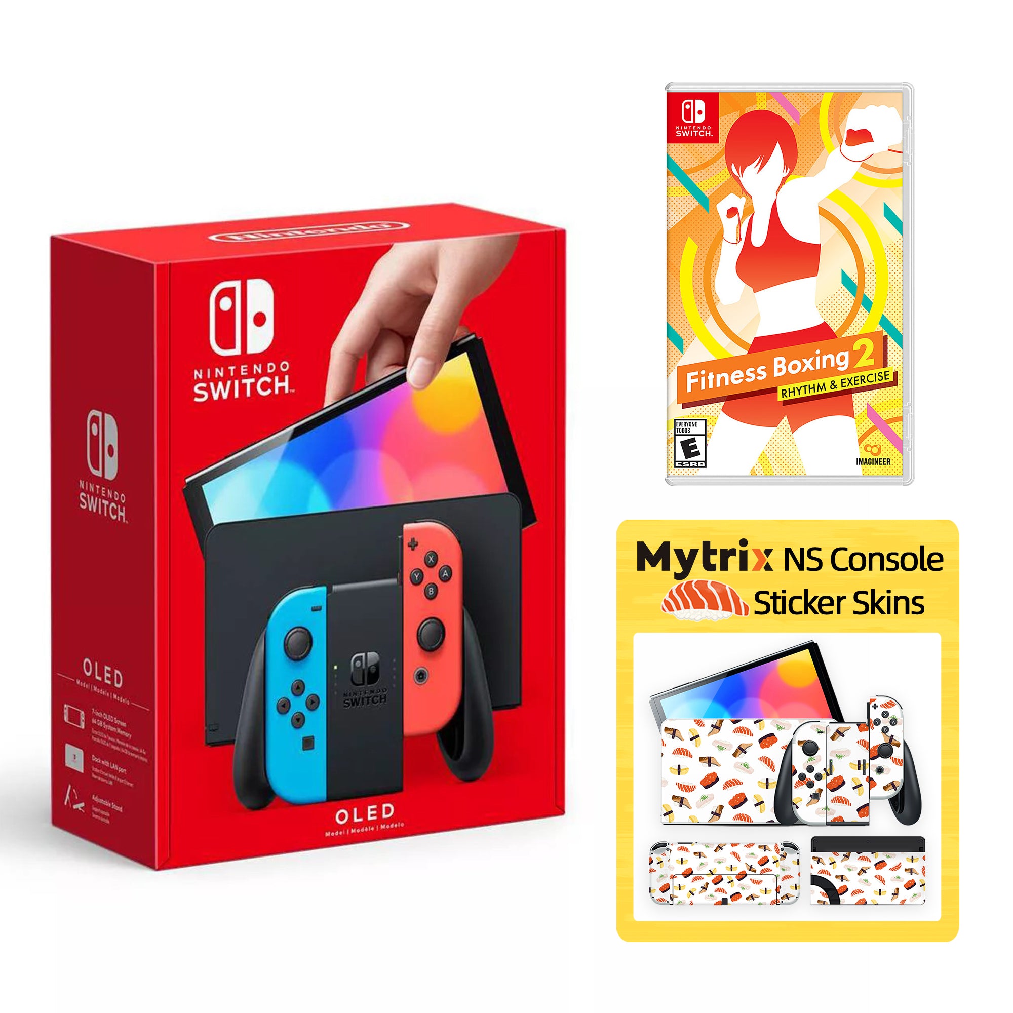 2022 New Nintendo Switch OLED Model Neon Red Blue with Fitness Boxing 2: Rhythm & Exercise and Mytrix Full Body Skin Sticker for NS OLED Console, Dock and Joycons - Sushi Set
