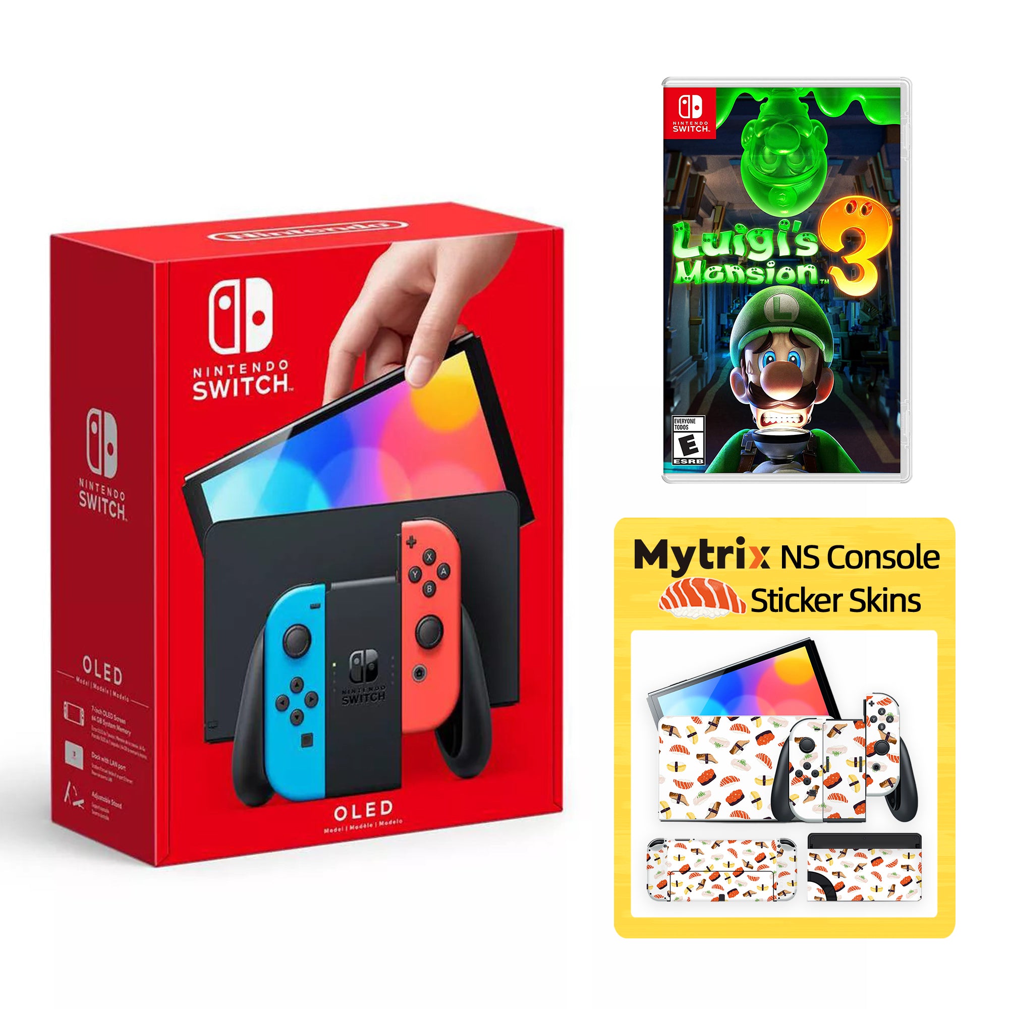 2022 New Nintendo Switch OLED Model Neon Red Blue with Luigi's Mansion 3 and Mytrix Full Body Skin Sticker for NS OLED Console, Dock and Joycons - Sushi Set
