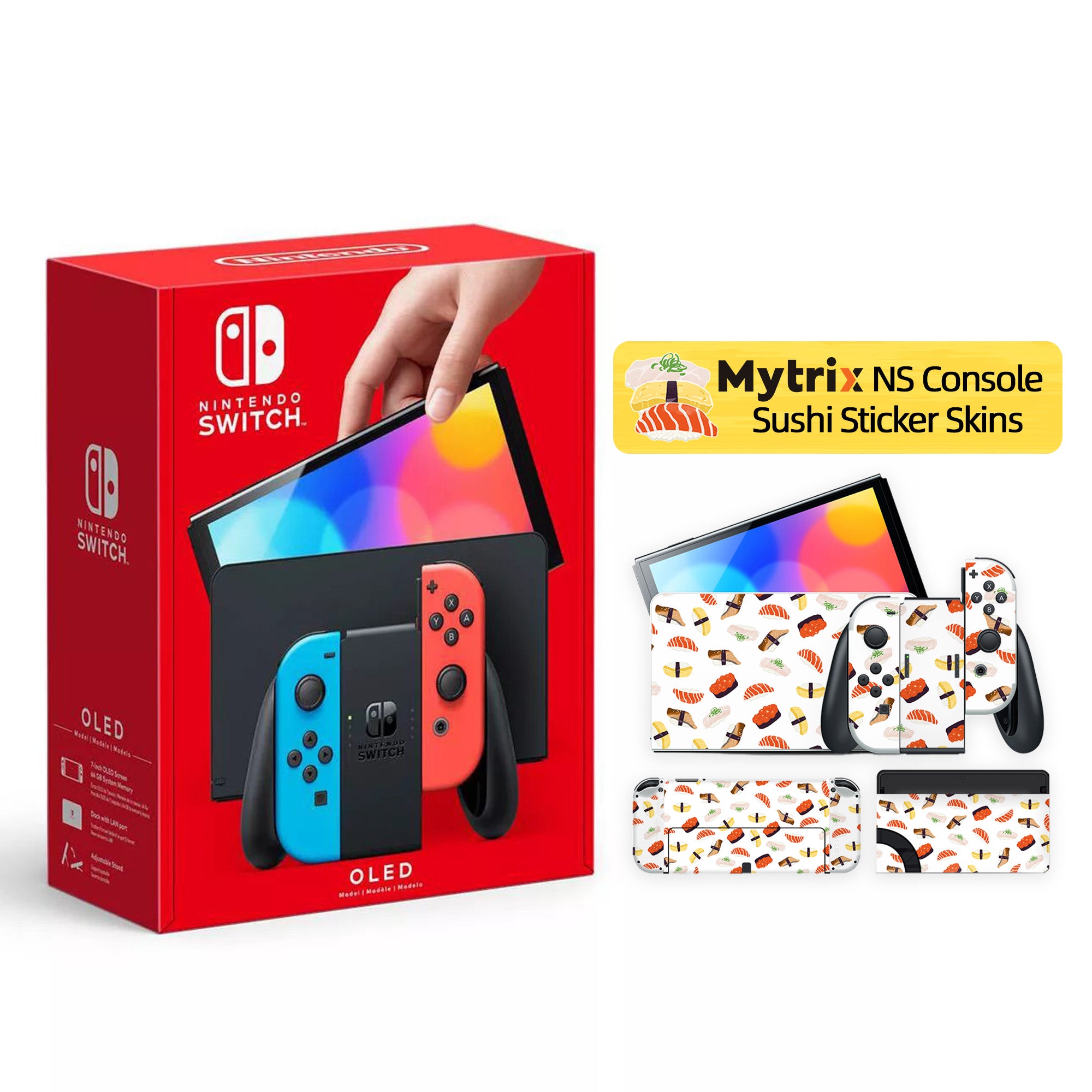 2021 New Nintendo Switch OLED Model Neon Red Blue with Mytrix Full Body Skin for NS OLED Console, Dock & Joycons - Sushi Set