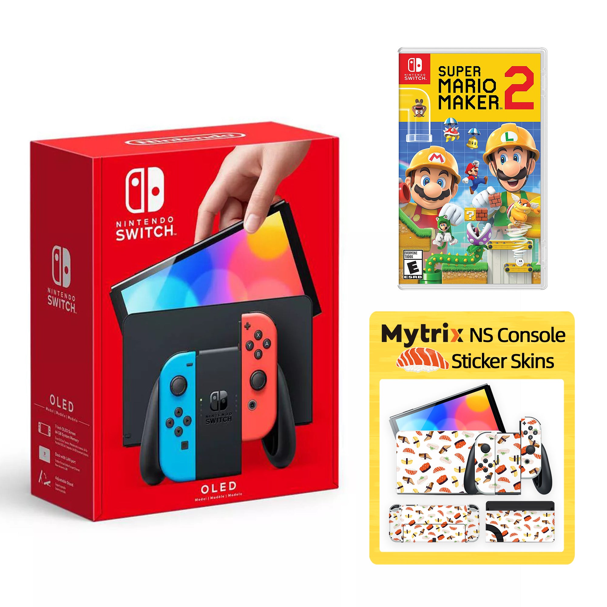2022 New Nintendo Switch OLED Model Neon Red Blue with Super Mario Maker 2 and Mytrix Full Body Skin Sticker for NS OLED Console, Dock and Joycons - Sushi Set