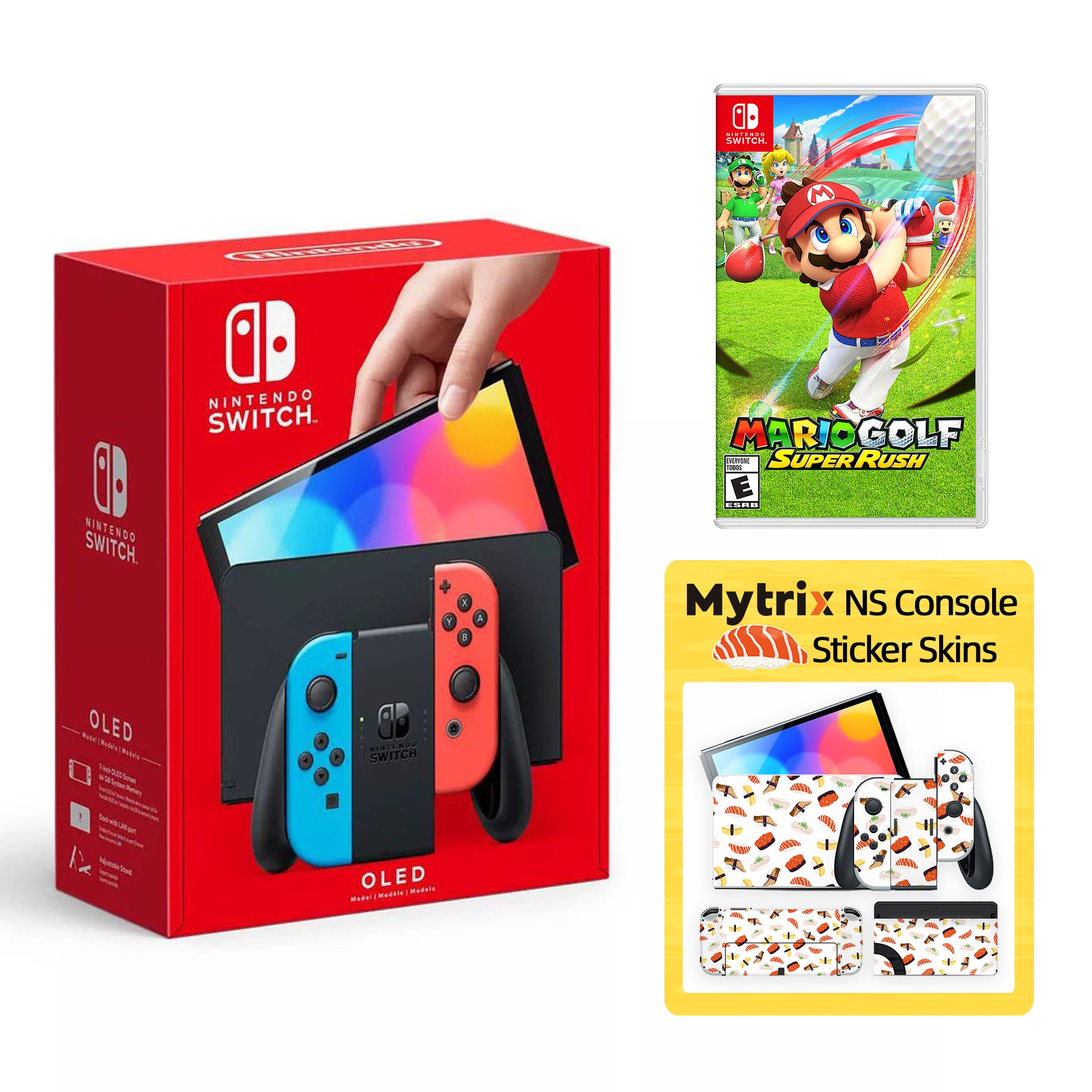 2022 New Nintendo Switch OLED Model Neon Red Blue with Mario Golf: Super Rush and Mytrix Full Body Skin Sticker for NS OLED Console, Dock and Joycons - Sushi Set