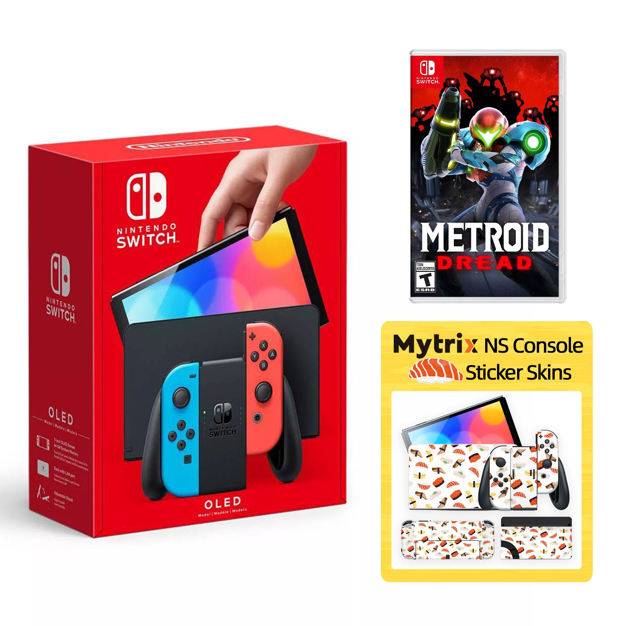 2022 New Nintendo Switch OLED Model Neon Red Blue with Metroid Dread and Mytrix Full Body Skin Sticker for NS OLED Console, Dock and Joycons - Sushi Set