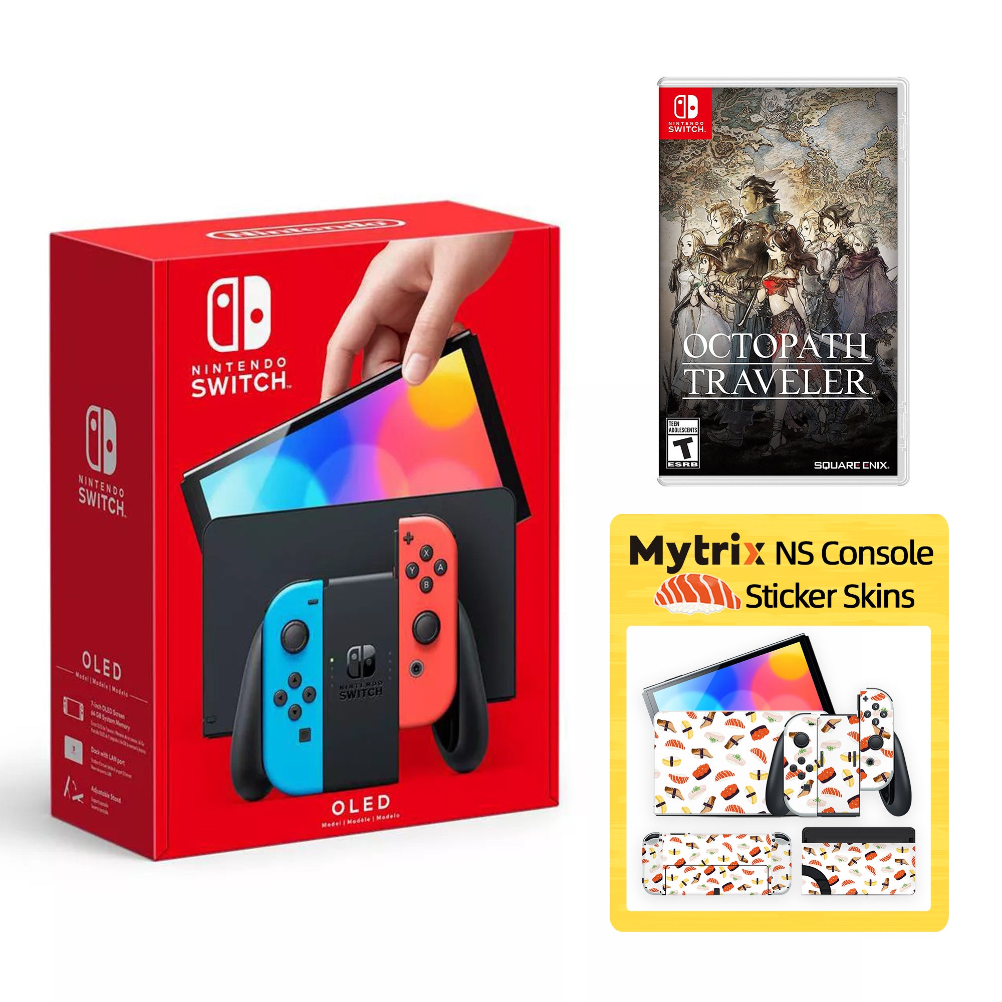 2022 New Nintendo Switch OLED Model Neon Red Blue with Octopath Traveler and Mytrix Full Body Skin Sticker for NS OLED Console, Dock and Joycons - Sushi Set