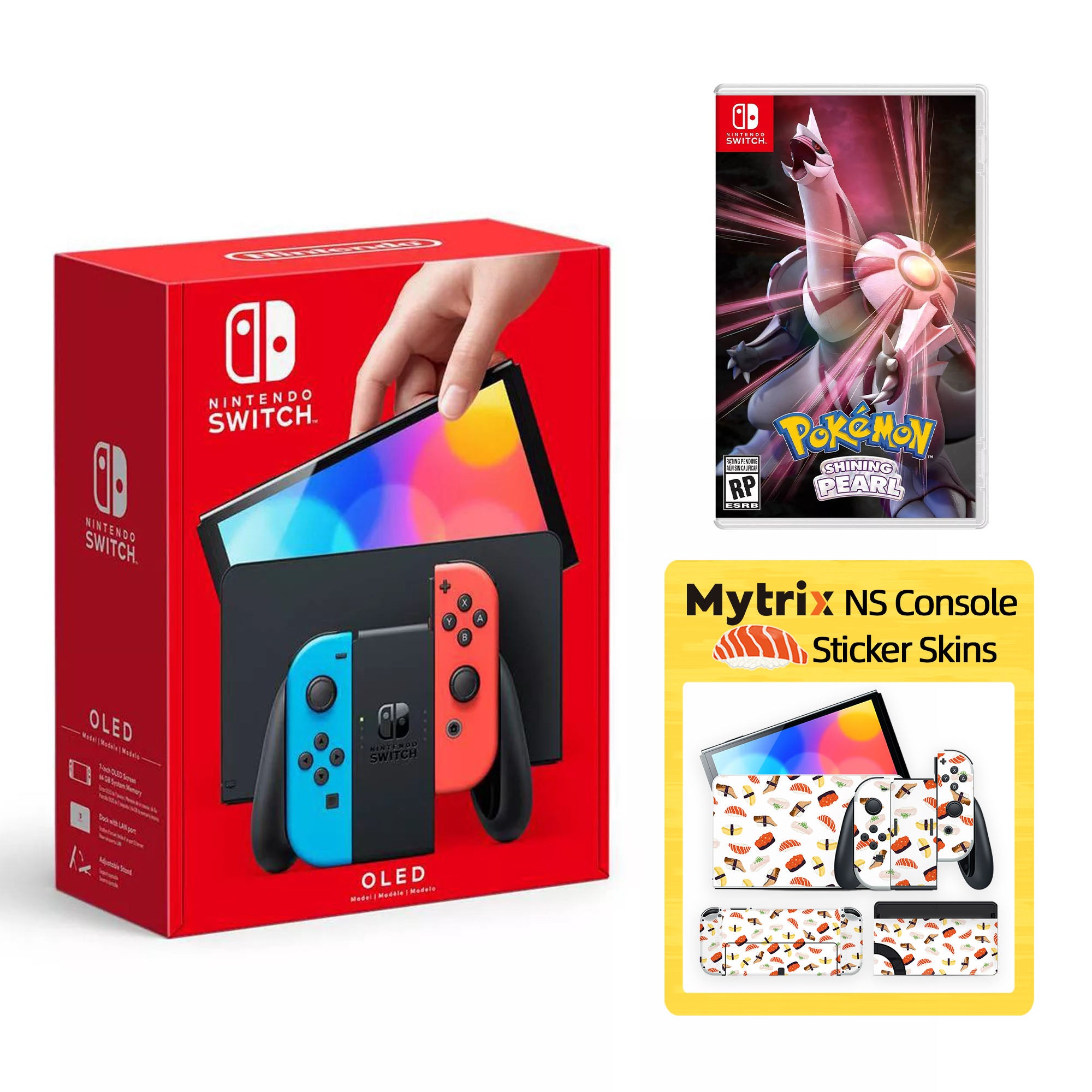 2022 New Nintendo Switch OLED Model Neon Red Blue with Pokemon Shining Pearl and Mytrix Full Body Skin Sticker for NS OLED Console, Dock and Joycons - Sushi Set