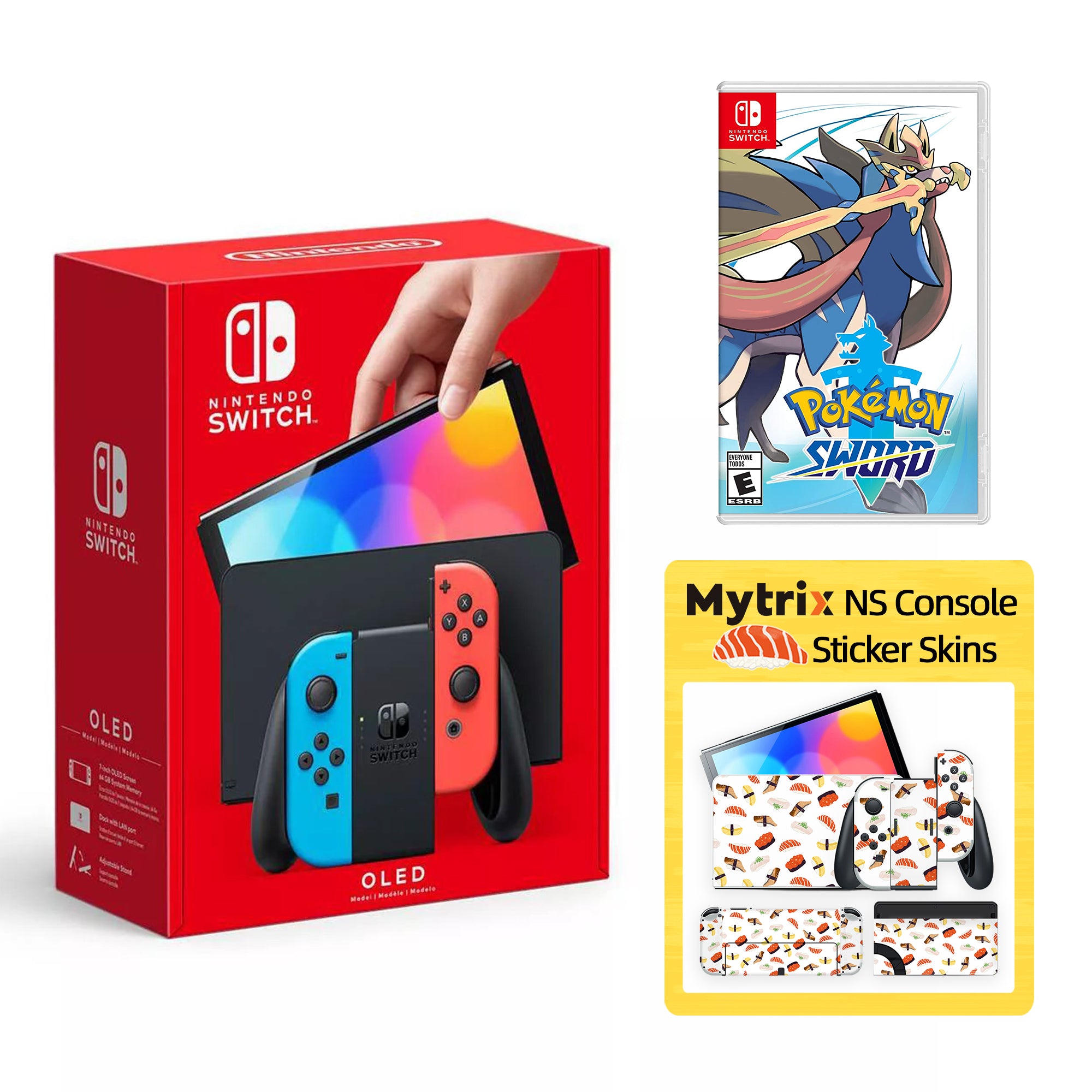2022 New Nintendo Switch OLED Model Neon Red Blue with Pokemon Sword and Mytrix Full Body Skin Sticker for NS OLED Console, Dock and Joycons - Sushi Set