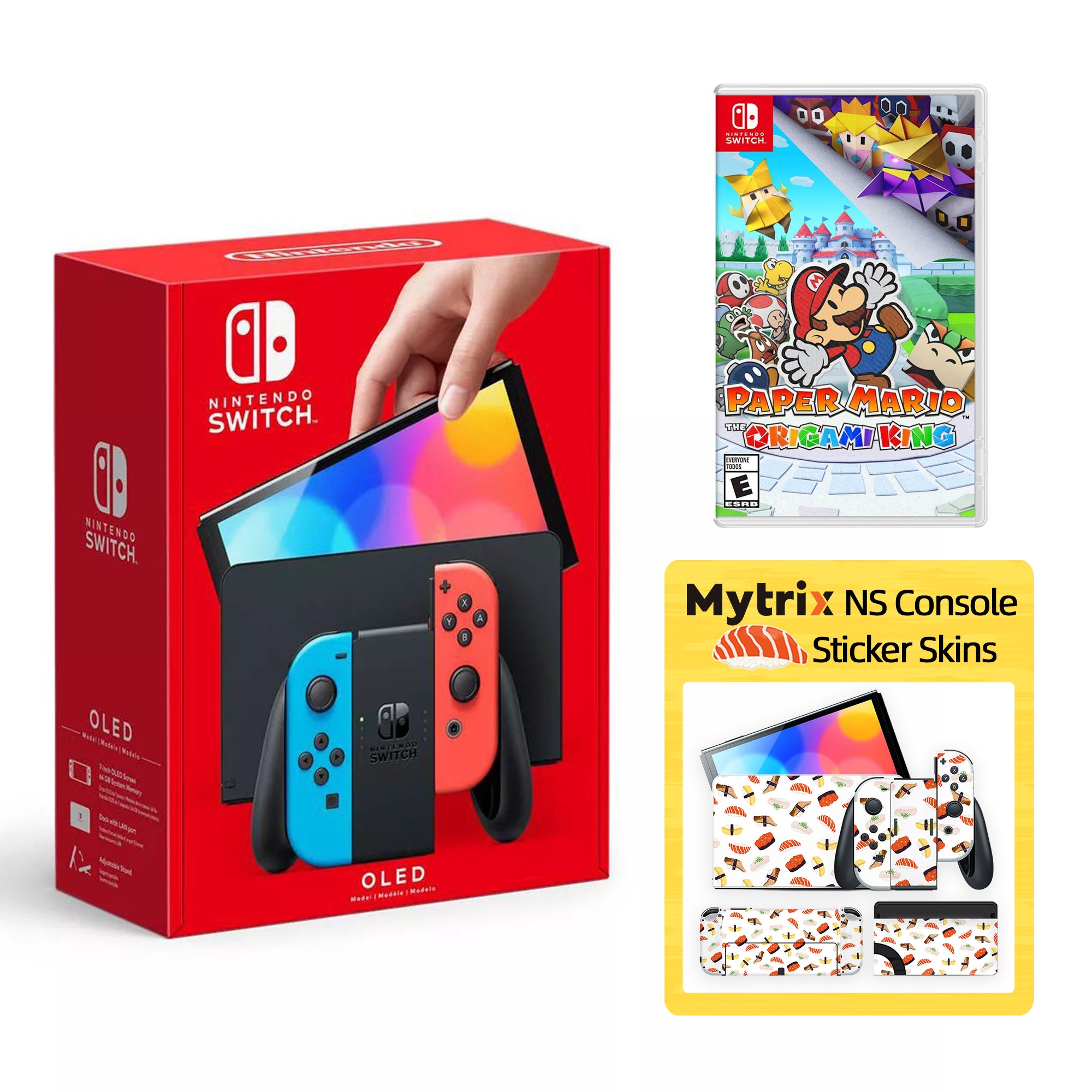 2022 New Nintendo Switch OLED Model Neon Red Blue with Paper Mario: The Origami King and Mytrix Full Body Skin Sticker for NS OLED Console, Dock and Joycons - Sushi Set