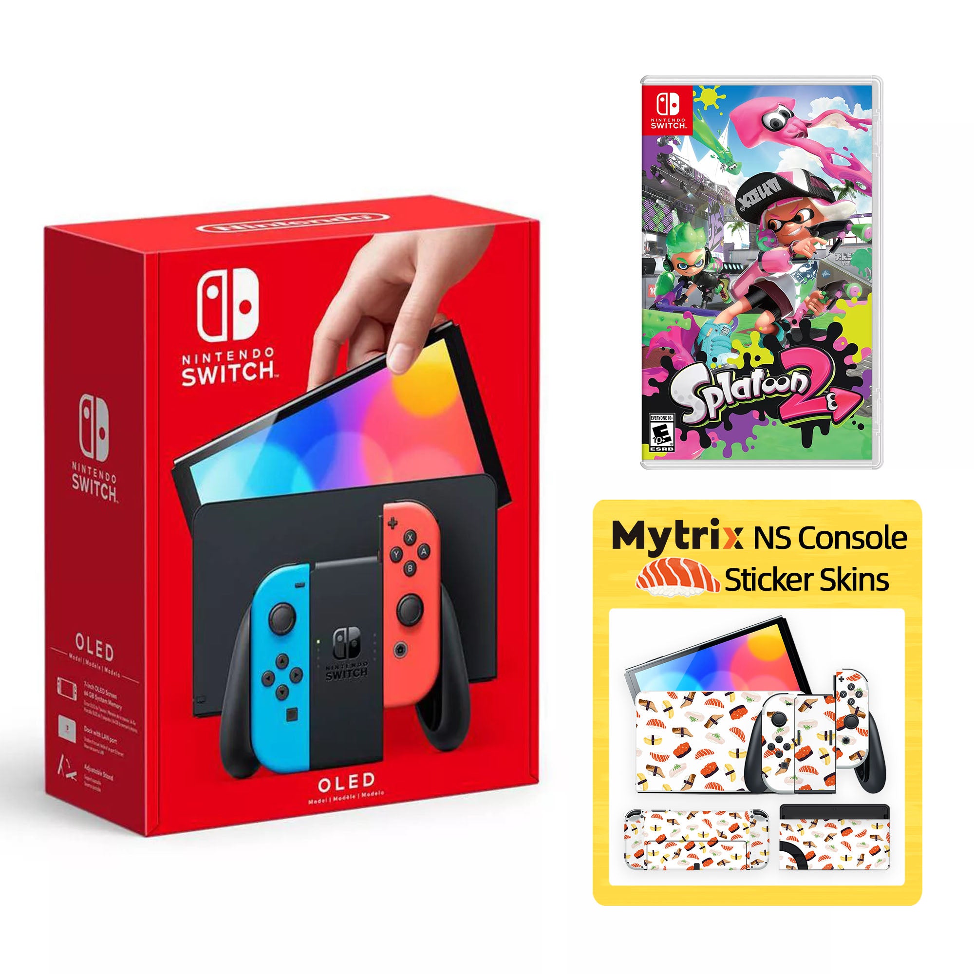 2022 New Nintendo Switch OLED Model Neon Red Blue with Splatoon 2 and Mytrix Full Body Skin Sticker for NS OLED Console, Dock and Joycons - Sushi Set