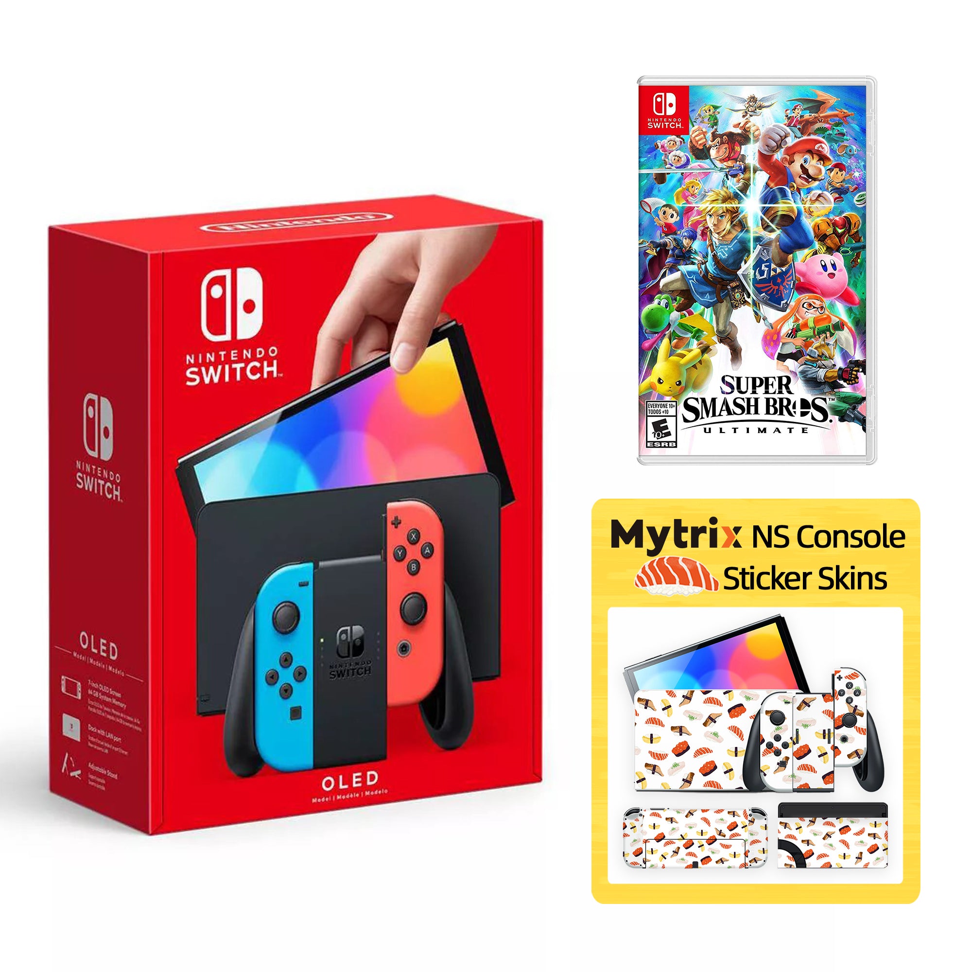 2022 New Nintendo Switch OLED Model Neon Red Blue with Super Smash Bros. Ultimate and Mytrix Full Body Skin Sticker for NS OLED Console, Dock and Joycons - Sushi Set