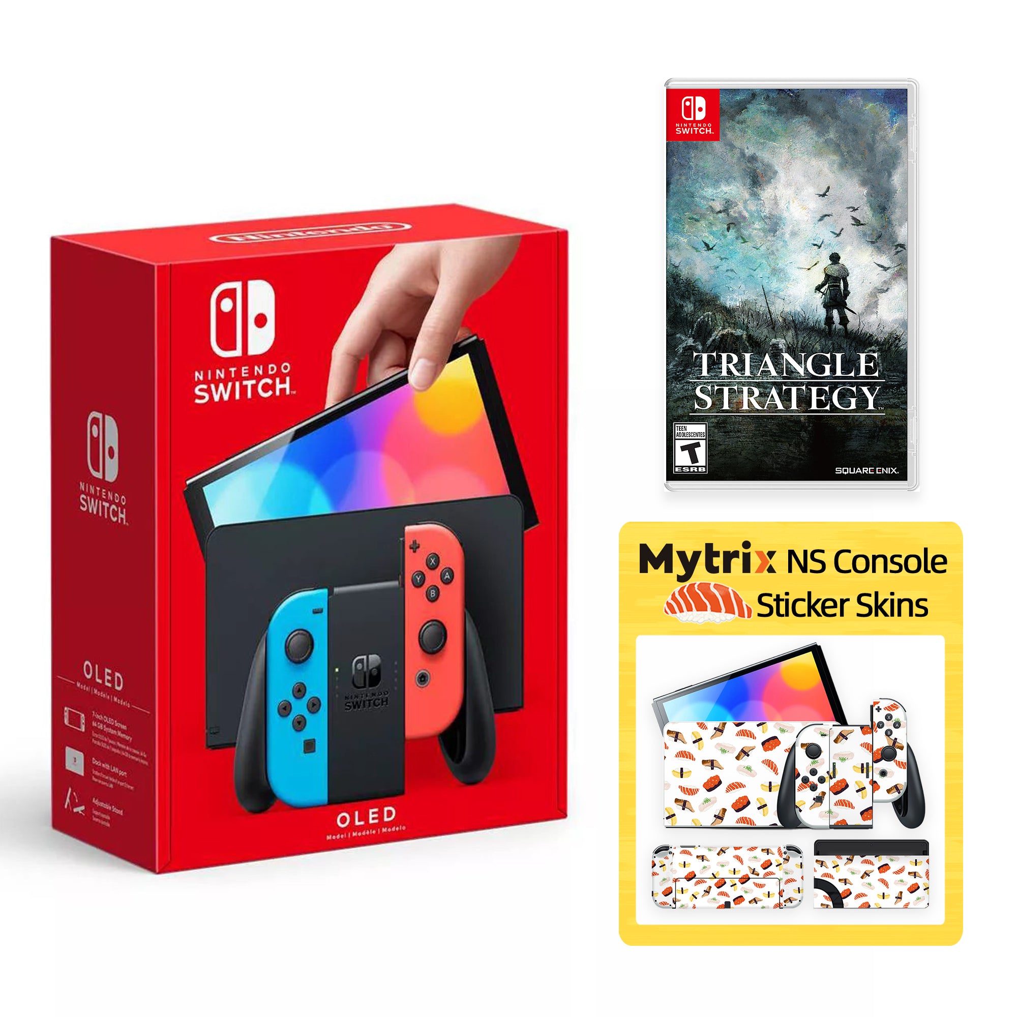 2022 New Nintendo Switch OLED Model Neon Red Blue Joy Con 64GB Console Improved HD Screen & LAN-Port Dock with Triangle Strategy, Mytrix Full Body Skin Sticker - Sushi Set