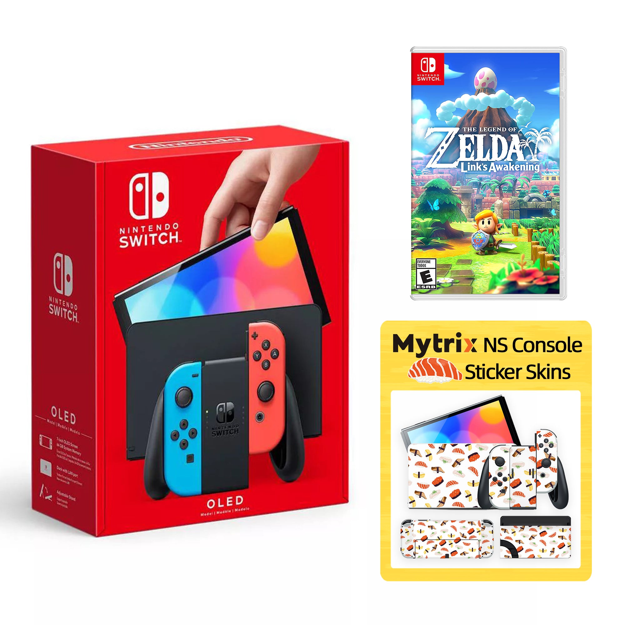 2022 New Nintendo Switch OLED Model Neon Red Blue with Legend of Zelda Link's Awakening and Mytrix Full Body Skin Sticker for NS OLED Console, Dock and Joycons - Sushi Set