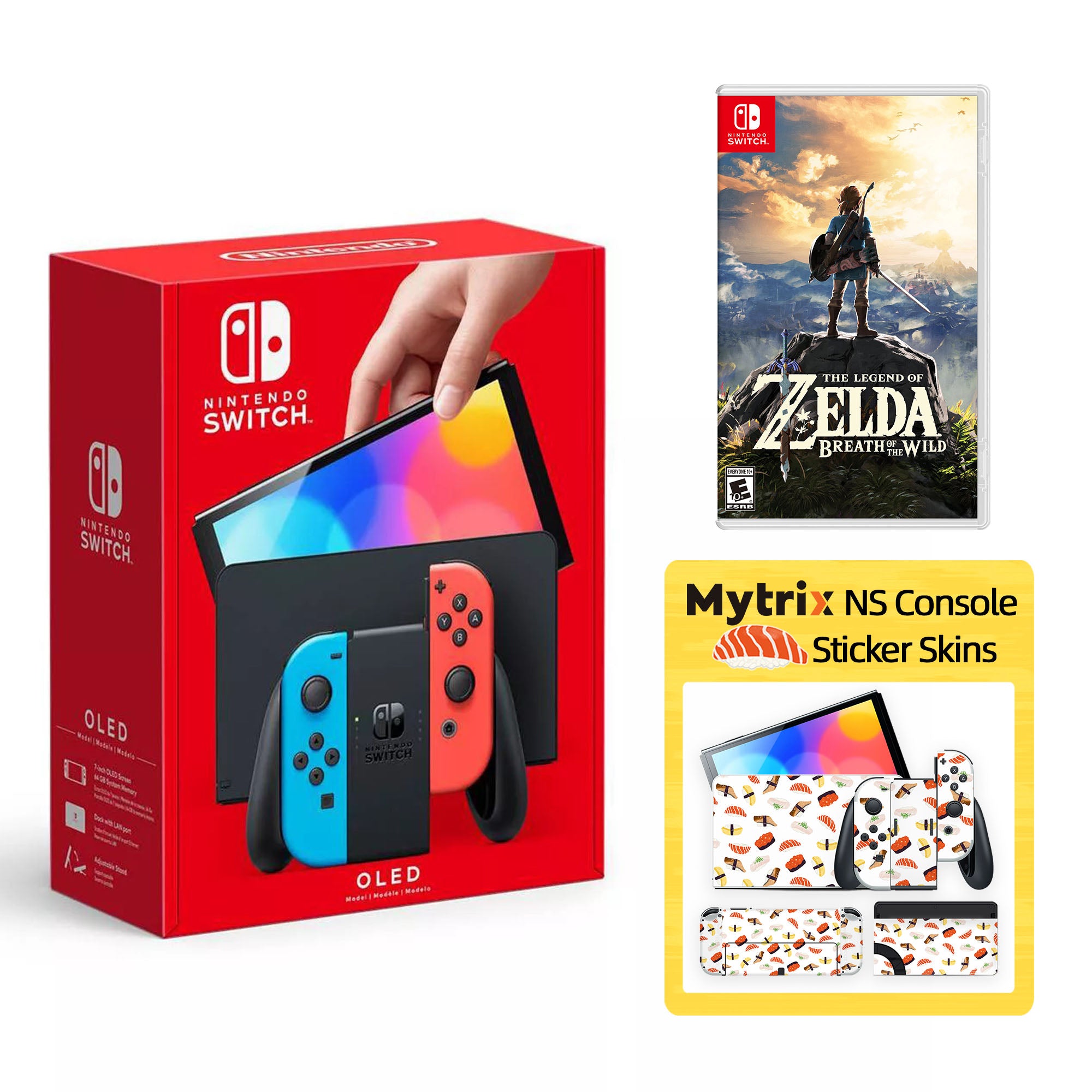 2022 New Nintendo Switch OLED Model Neon Red Blue with The Legend of Zelda: Breath of the Wild and Mytrix Full Body Skin Sticker for NS OLED Console, Dock and Joycons - Sushi Set