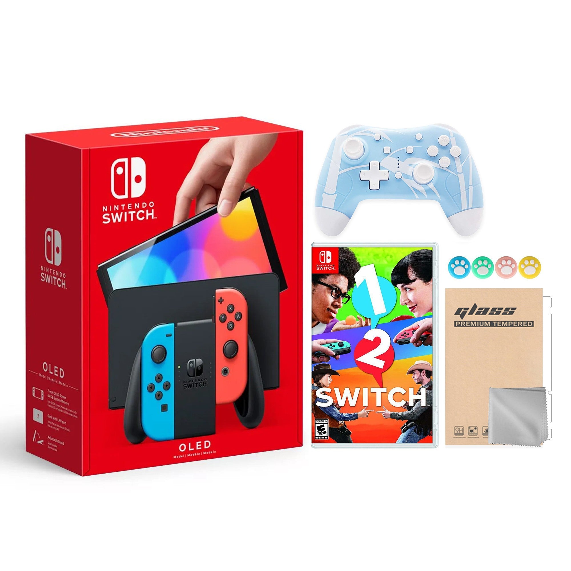 2022 New Nintendo Switch OLED Model Neon Red & Blue Joy Con 64GB Console HD Screen & LAN-Port Dock with 1-2 Switch, Mytrix Wireless Switch Pro Controller and Accessories