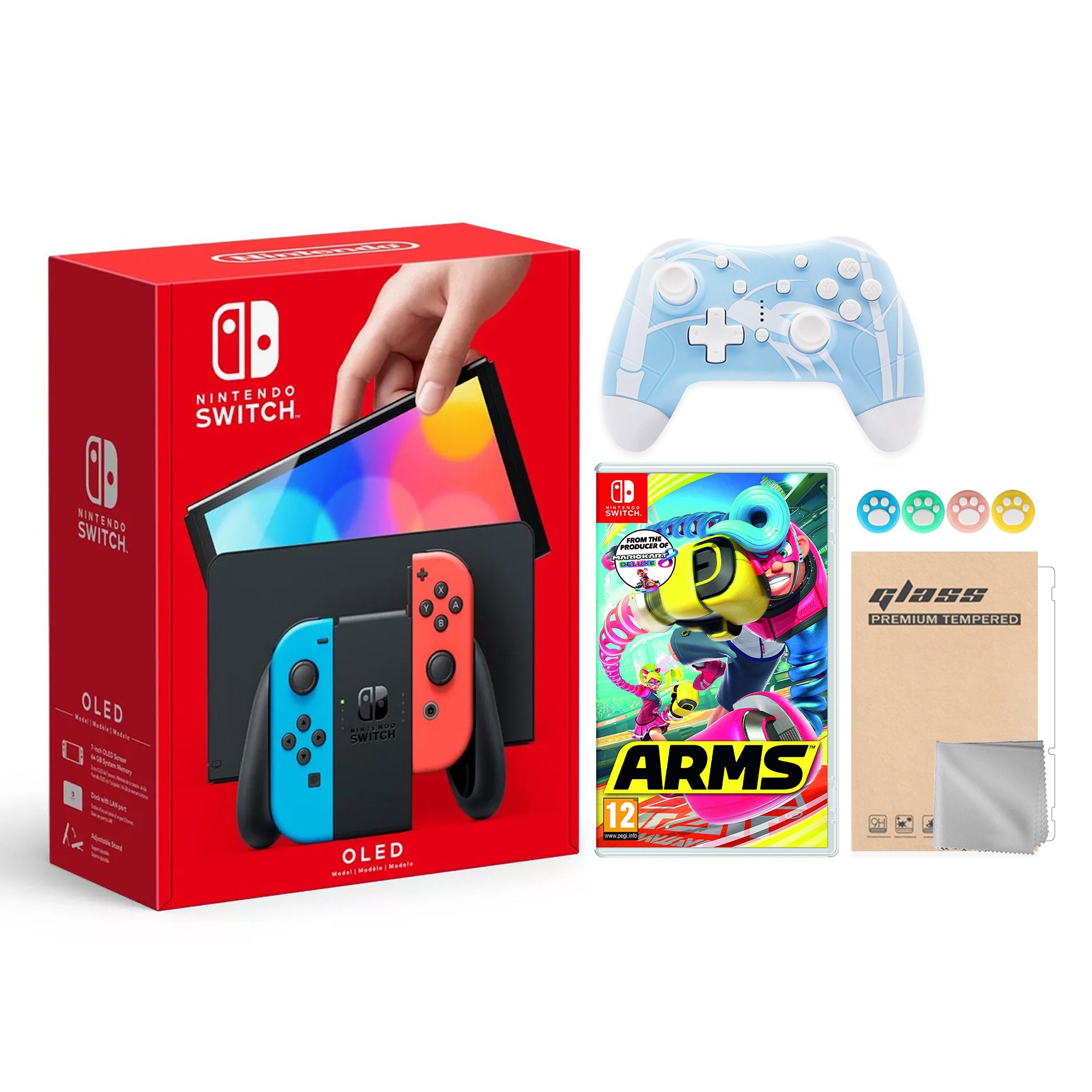 2022 New Nintendo Switch OLED Model Neon Red & Blue Joy Con 64GB Console HD Screen & LAN-Port Dock with Arms, Mytrix Wireless Switch Pro Controller and Accessories