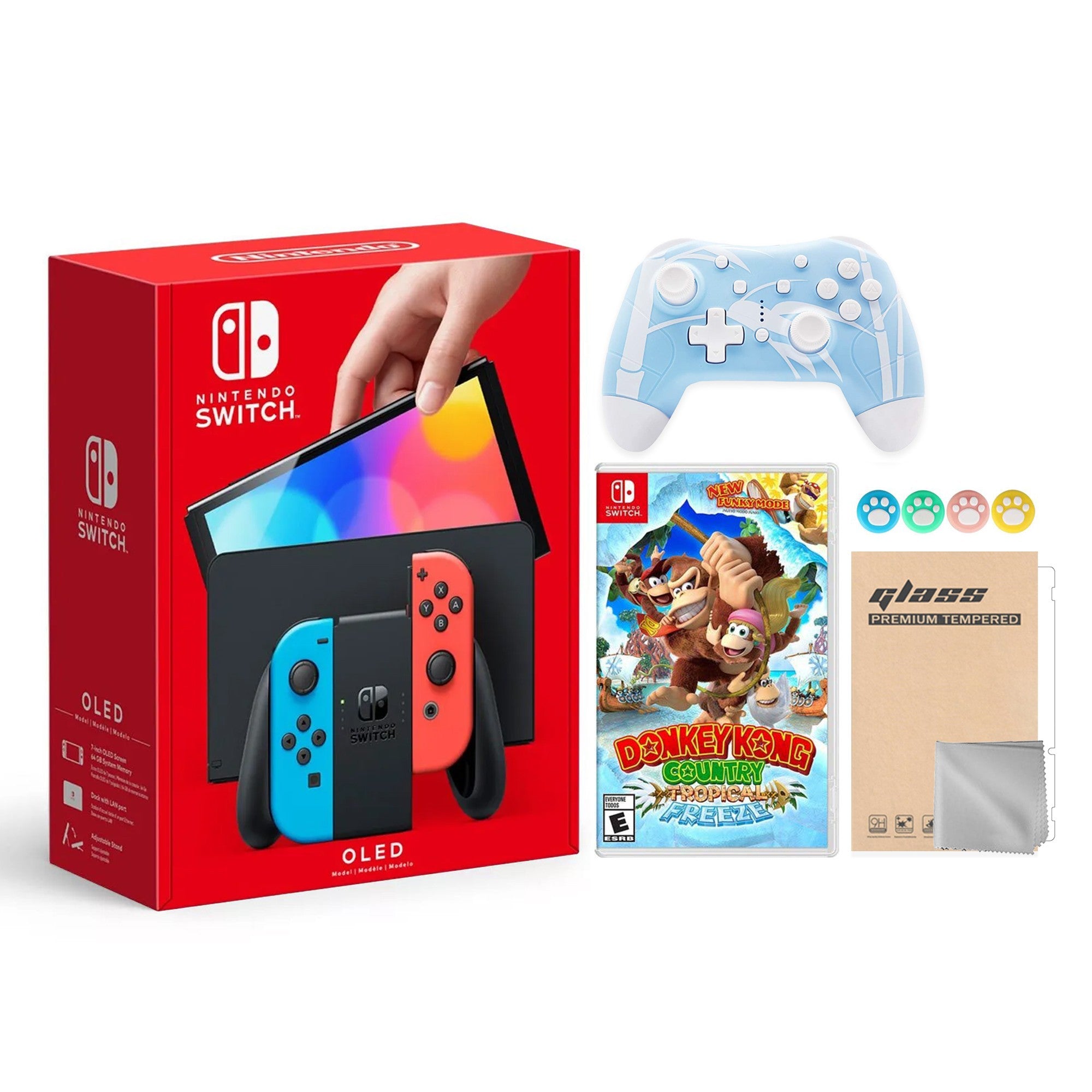 2022 New Nintendo Switch OLED Model Neon Red & Blue Joy Con 64GB Console HD Screen & LAN-Port Dock with Donkey Kong Country, Mytrix Wireless Pro Controller and Accessories