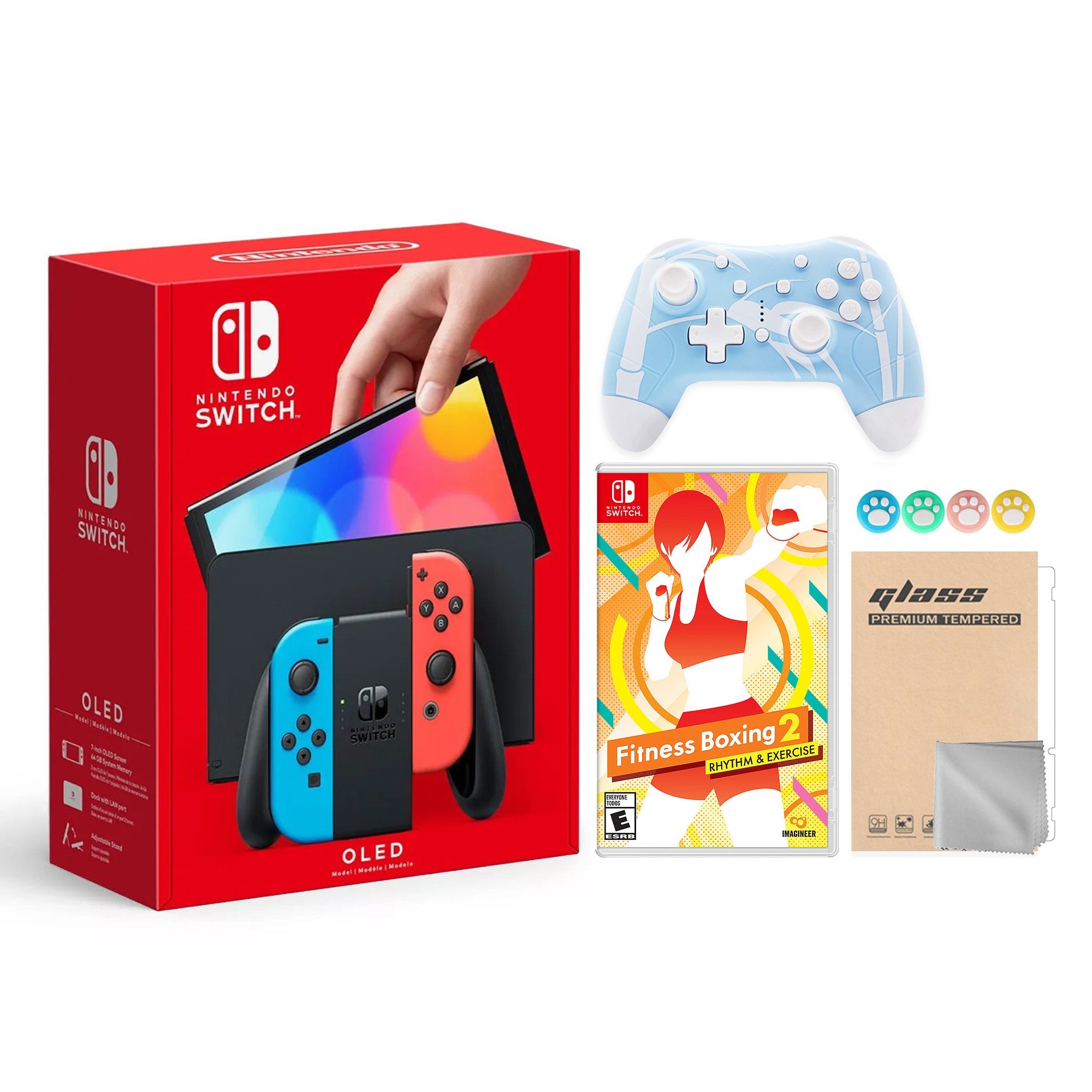 2022 New Nintendo Switch OLED Model Neon Red & Blue Joy Con 64GB Console HD Screen & LAN-Port Dock with Fitness Boxing 2: Rhythm & Exercise, Mytrix Wireless Pro Controller and Accessories