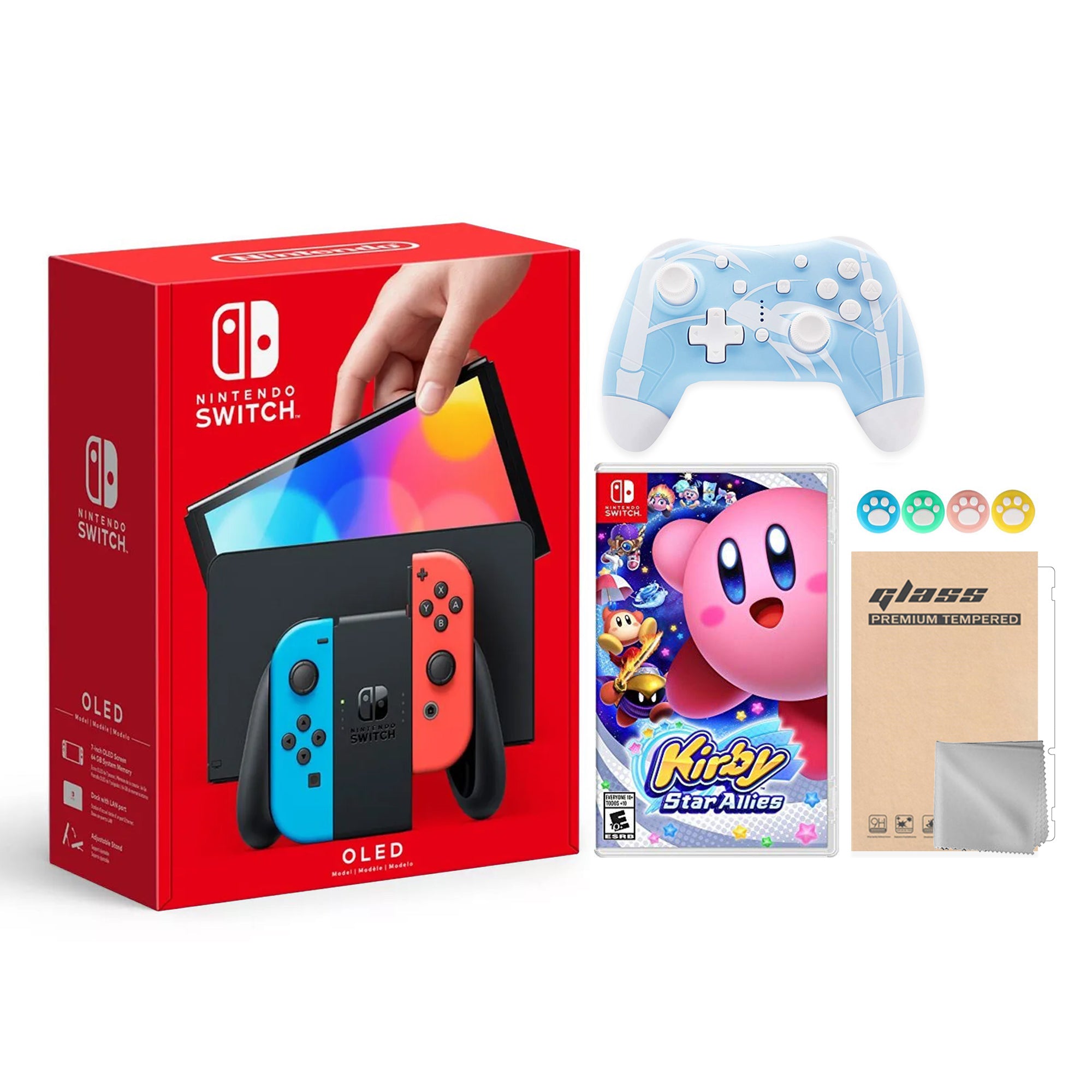 2022 New Nintendo Switch OLED Model Neon Red & Blue Joy Con 64GB Console HD Screen & LAN-Port Dock with Kirby Star Allies, Mytrix Wireless Switch Pro Controller and Accessories