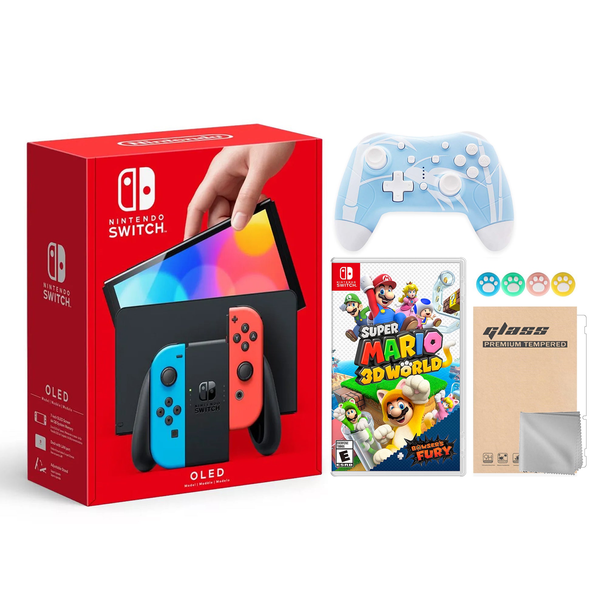 2022 New Nintendo Switch OLED Model Neon Red & Blue Joy Con 64GB Console HD Screen & LAN-Port Dock with Super Mario 3D World + Bowser's Fury, Mytrix Wireless Pro Controller and Accessories