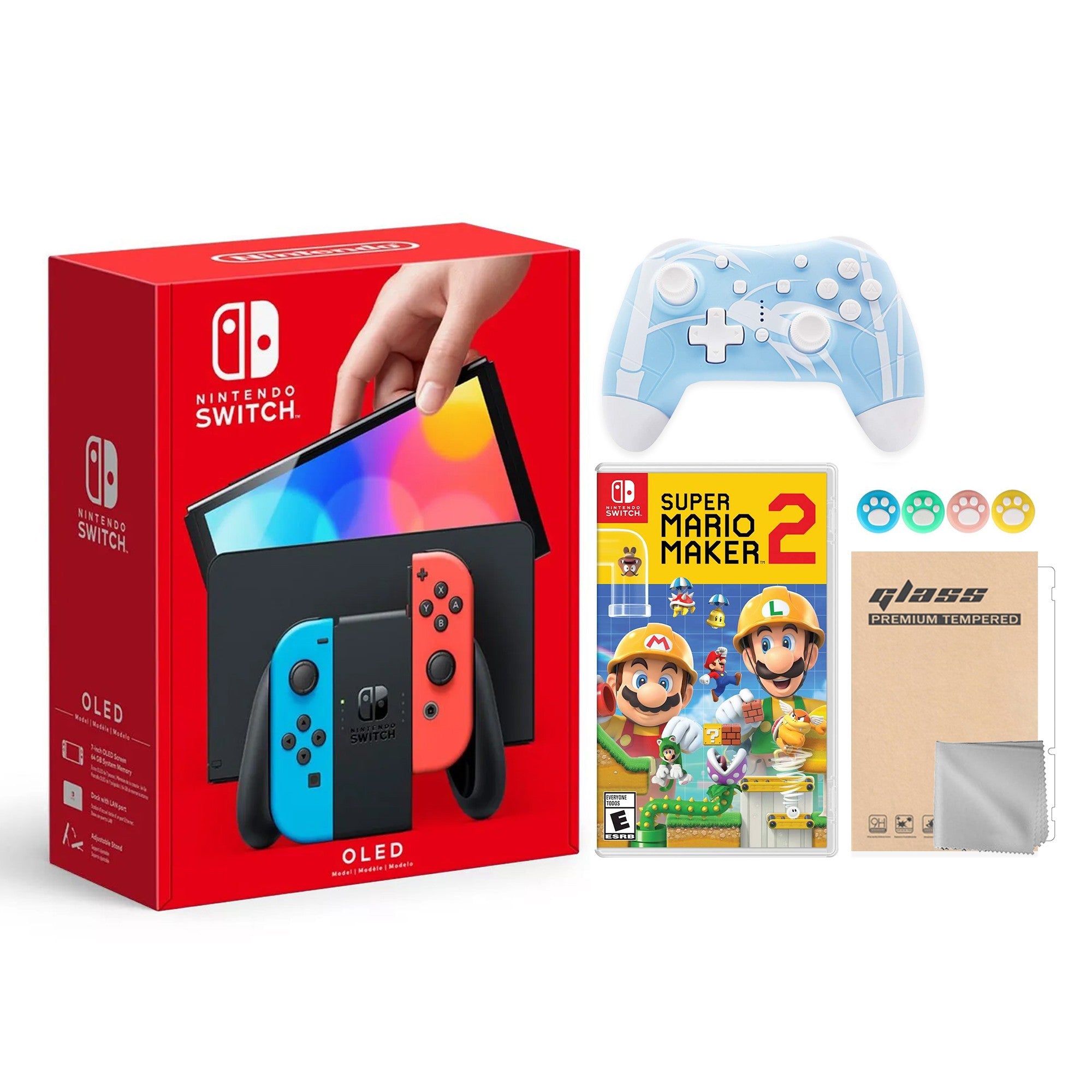 2022 New Nintendo Switch OLED Model Neon Red & Blue Joy Con 64GB Console HD Screen & LAN-Port Dock with Super Mario Maker 2, Mytrix Wireless Switch Pro Controller and Accessories